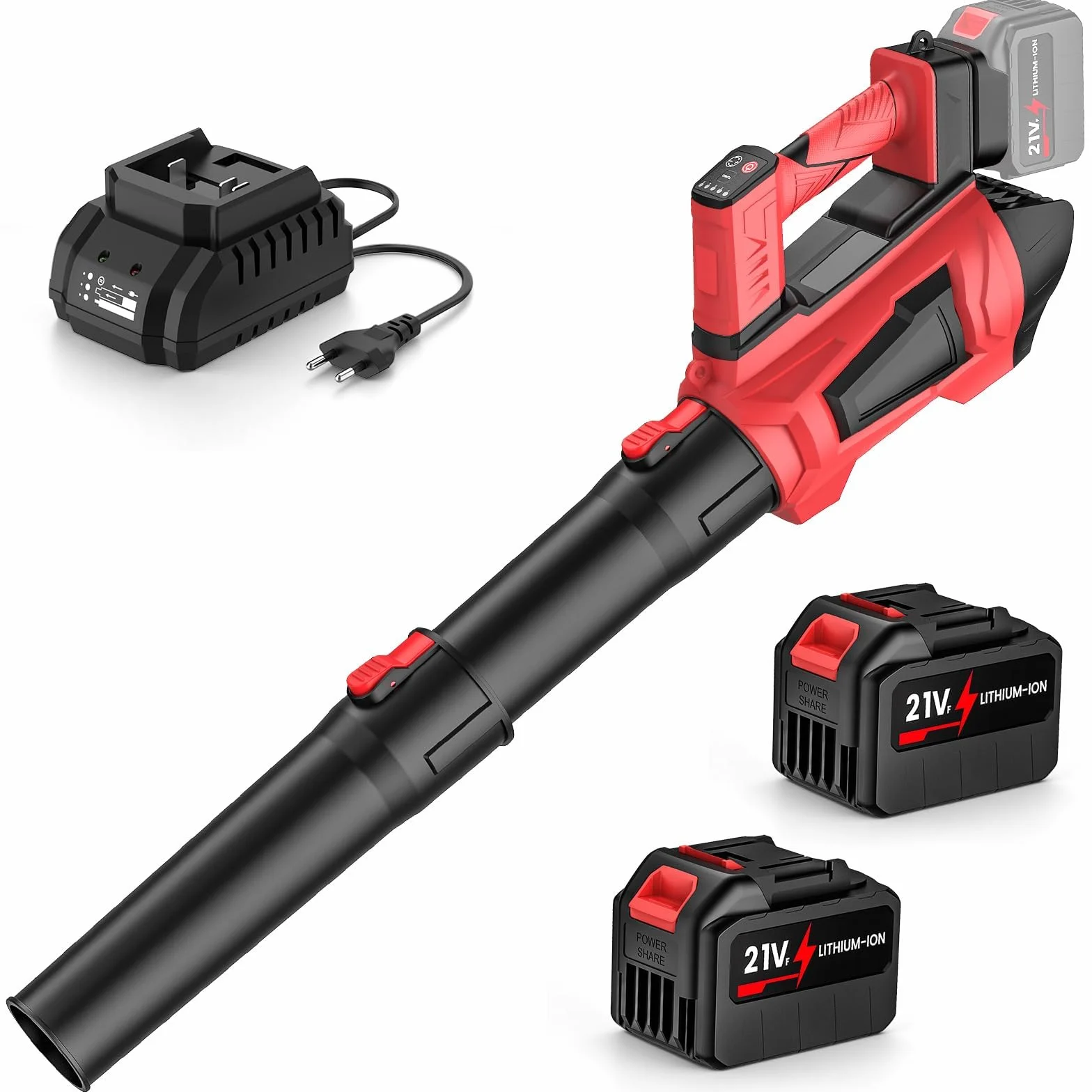 Soffiatore a Batteria 21V con 2x 4.5Ah Batterie, Soffiatore Foglie Potente 360 km/h, Motore Brushless, 5 Velocità + Turbo, 3 Tubi, Tracolla, Compatibile 18V, per Giardino, Auto, Neve, Cortile