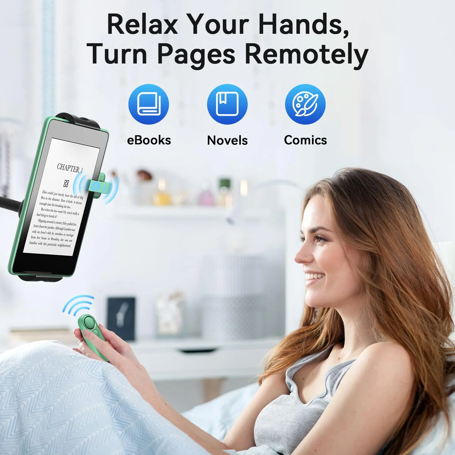 Telecomando per Kindle con Supporto Regolabile, Voltapagine Remoto per Kindle Paperwhite, Oasis, iPad, Android 4,7-10,35", Verde