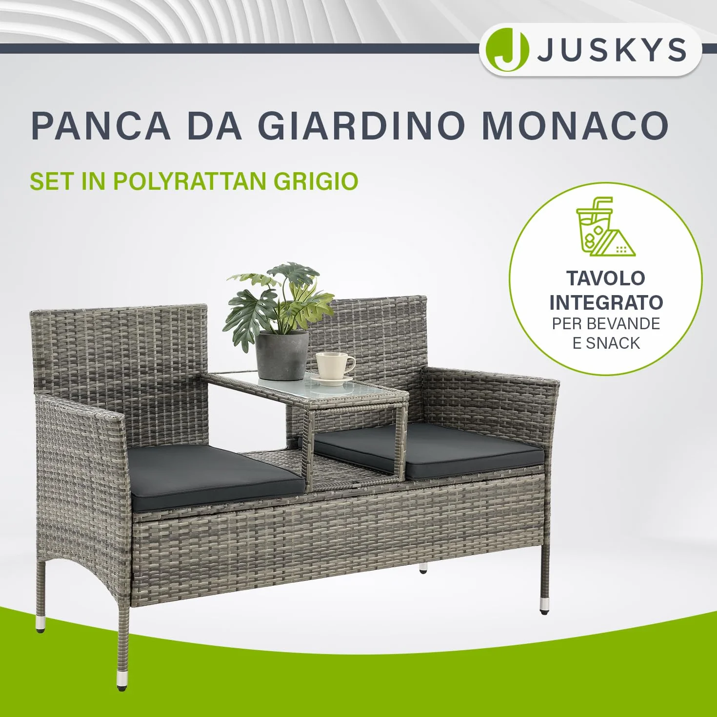 Juskys panca da giardino Monaco in polyrattan – 2 posti con tavolo e cuscini – 133×63×84 cm – resistente alle intemperie per balcone e terrazza – grigio melange