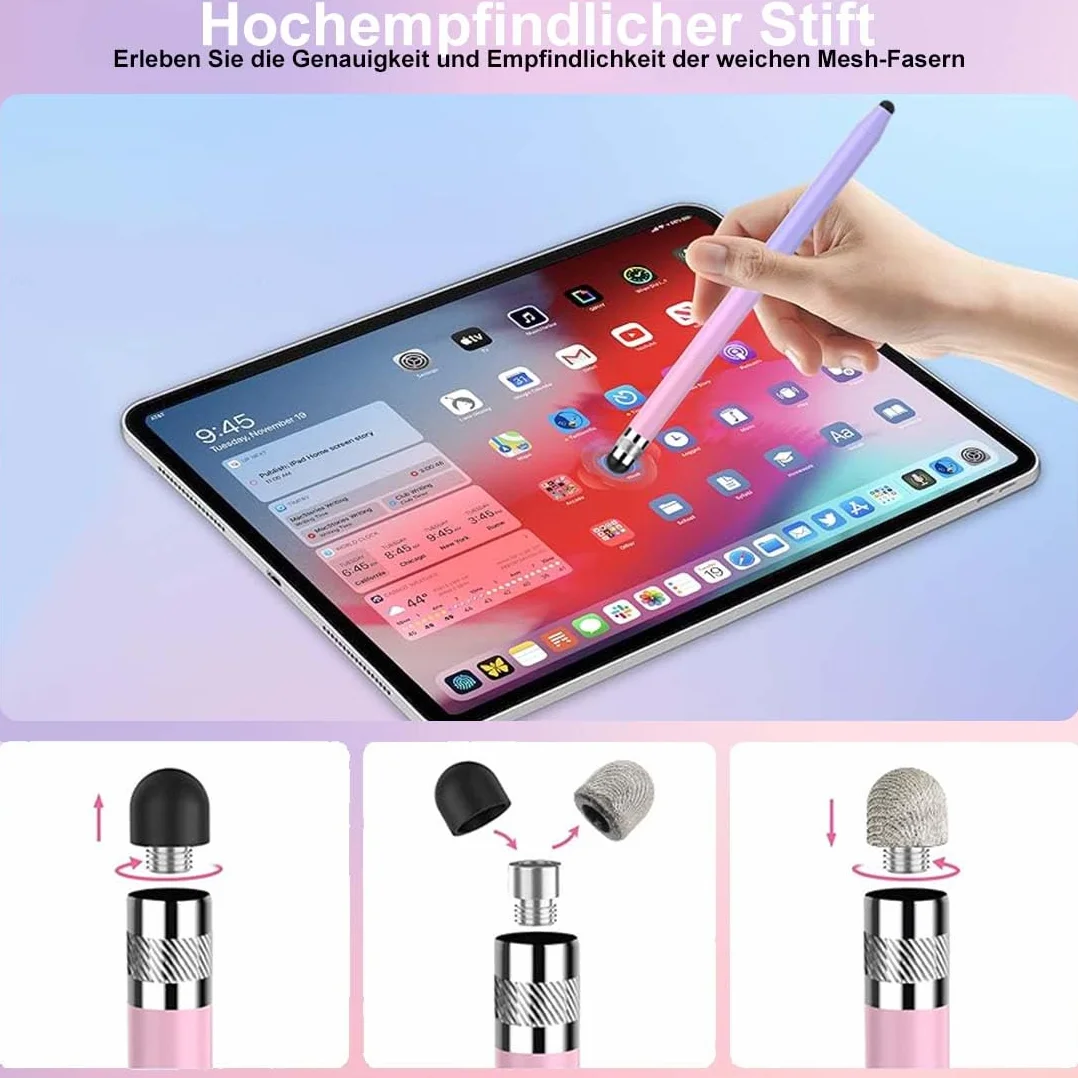 Penna per Tablet 2 in 1, 2 Pezzi, Verde Sfumato Rosa + Viola Sfumato Rosa, Touchscreen