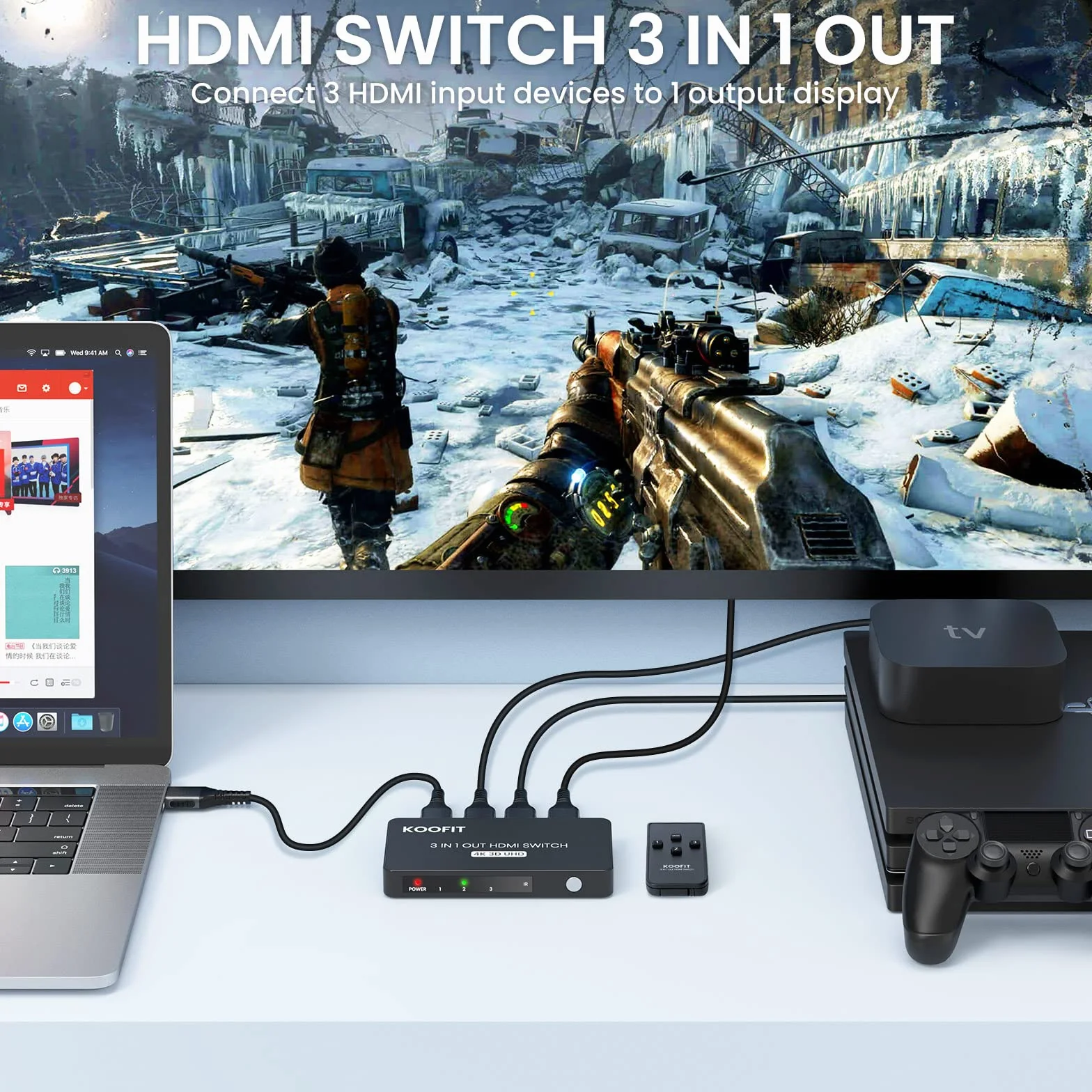 KOOFIT Switch HDMI 4K@60Hz Automatyczny 3 Porte Splitter z Telekomendą dla PS5 PS4 Xbox