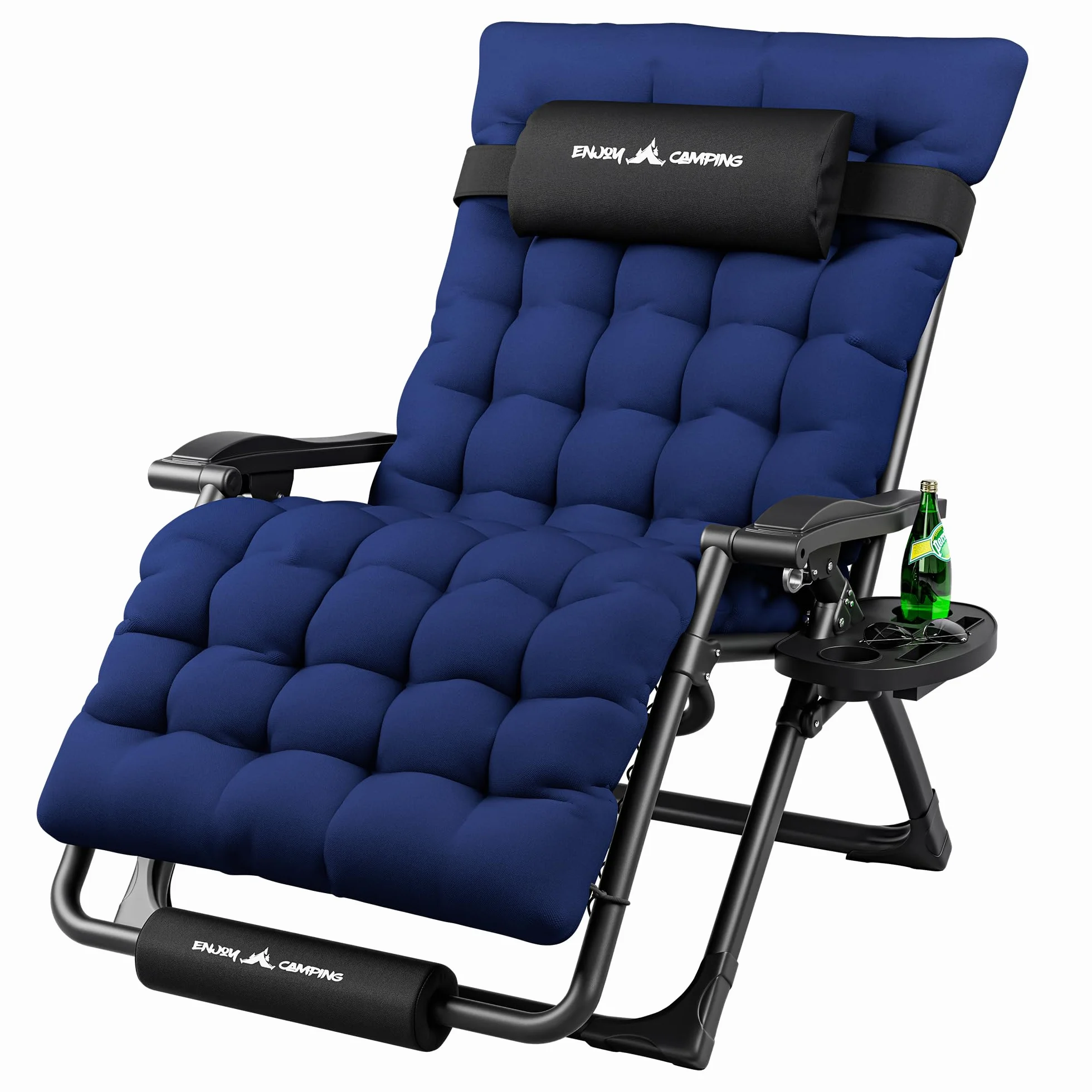 UDPATIO Sedia a sdraio pieghevole con supporto per bevande, sedia da giardino con cuscino, sedia a sdraio, extra grande, schienale regolabile (blu marino, misura XX)