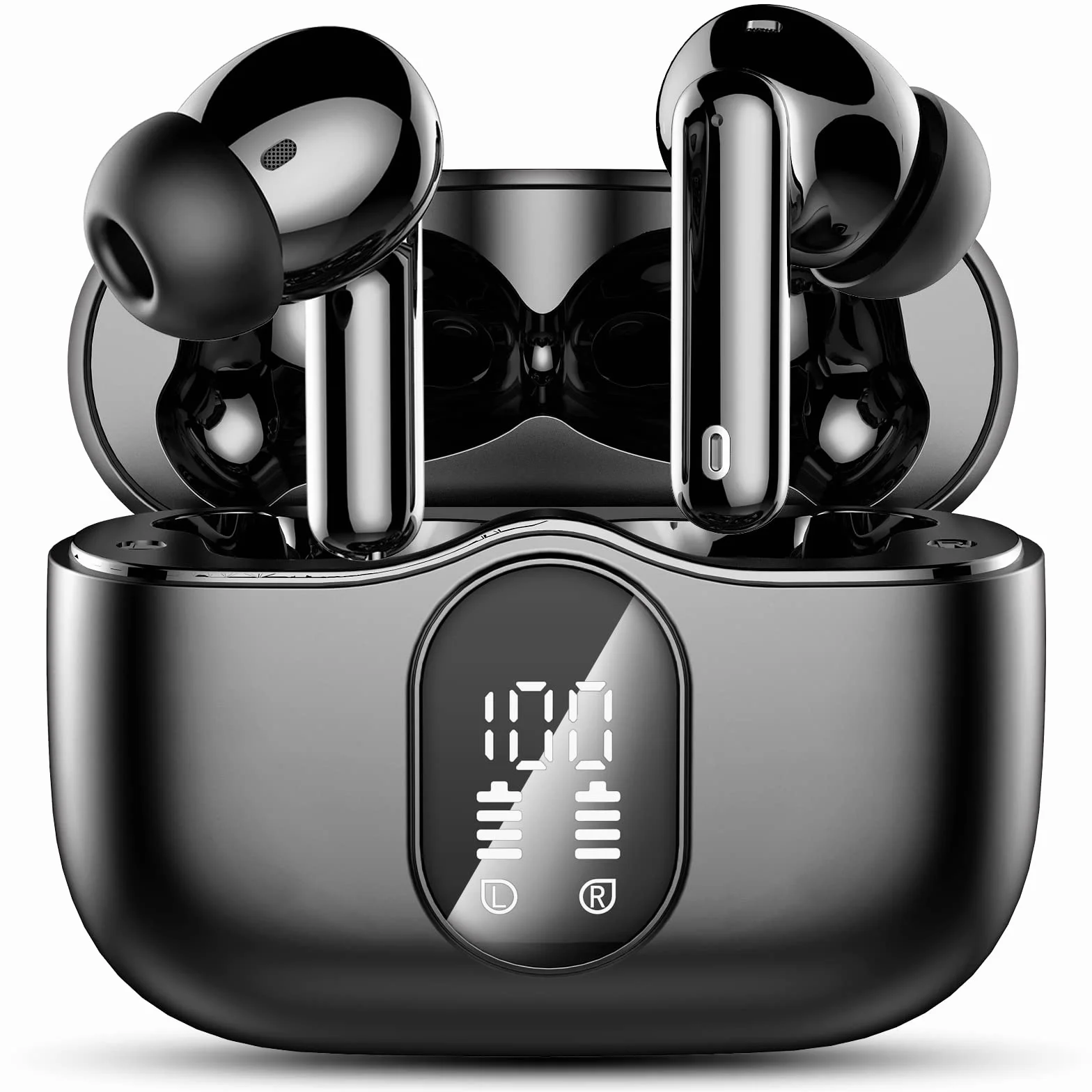 Btootos Cuffie Bluetooth 5.4 con 4 Mic In Ear HiFi Stereo, 36Ore LED Display IP7 Impermeabili, Touch Control Nero