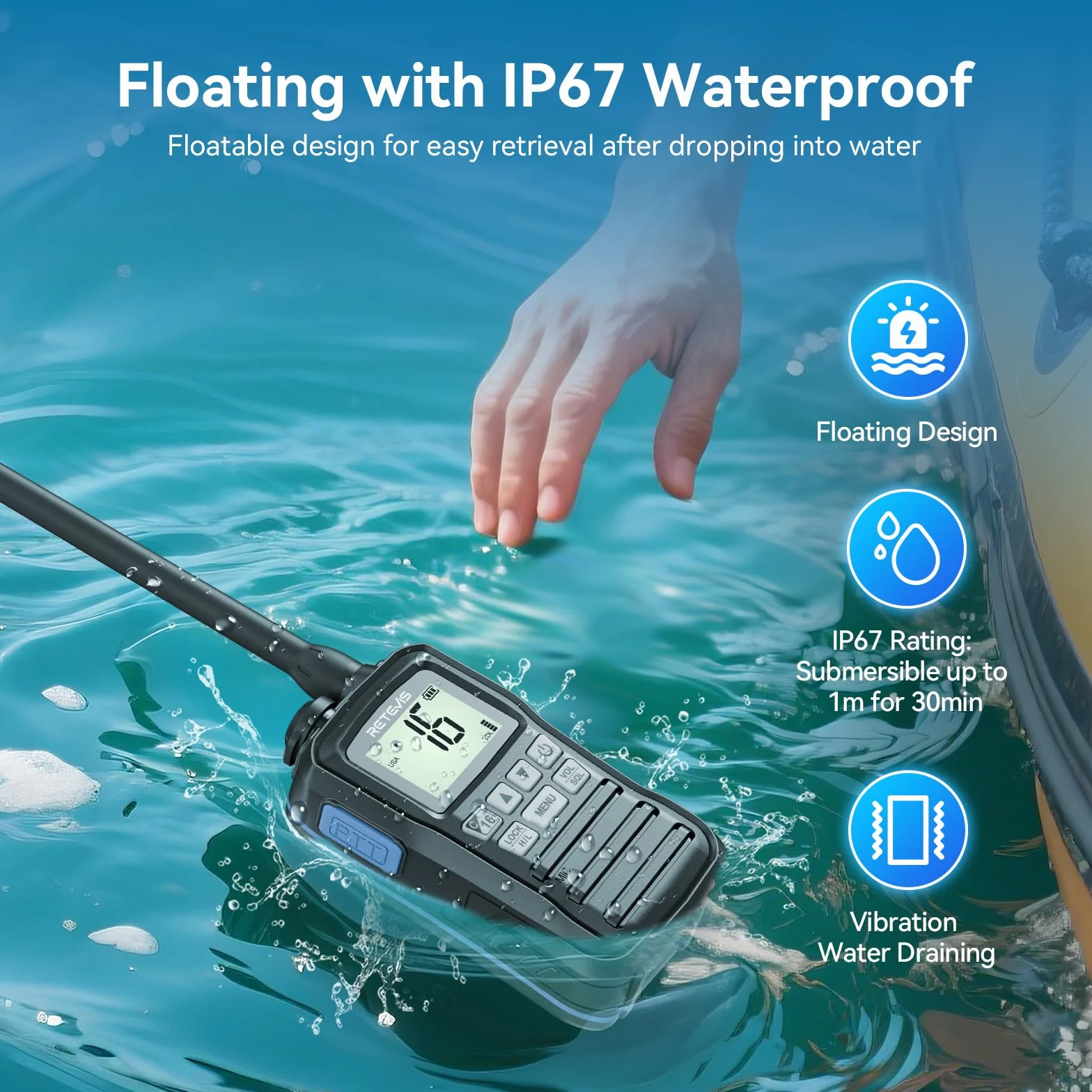 Retevis RM01P Marine Walkie Talkie IP67 Impermeabile VHF 88 Canali 1750mAh Tipo C Nero