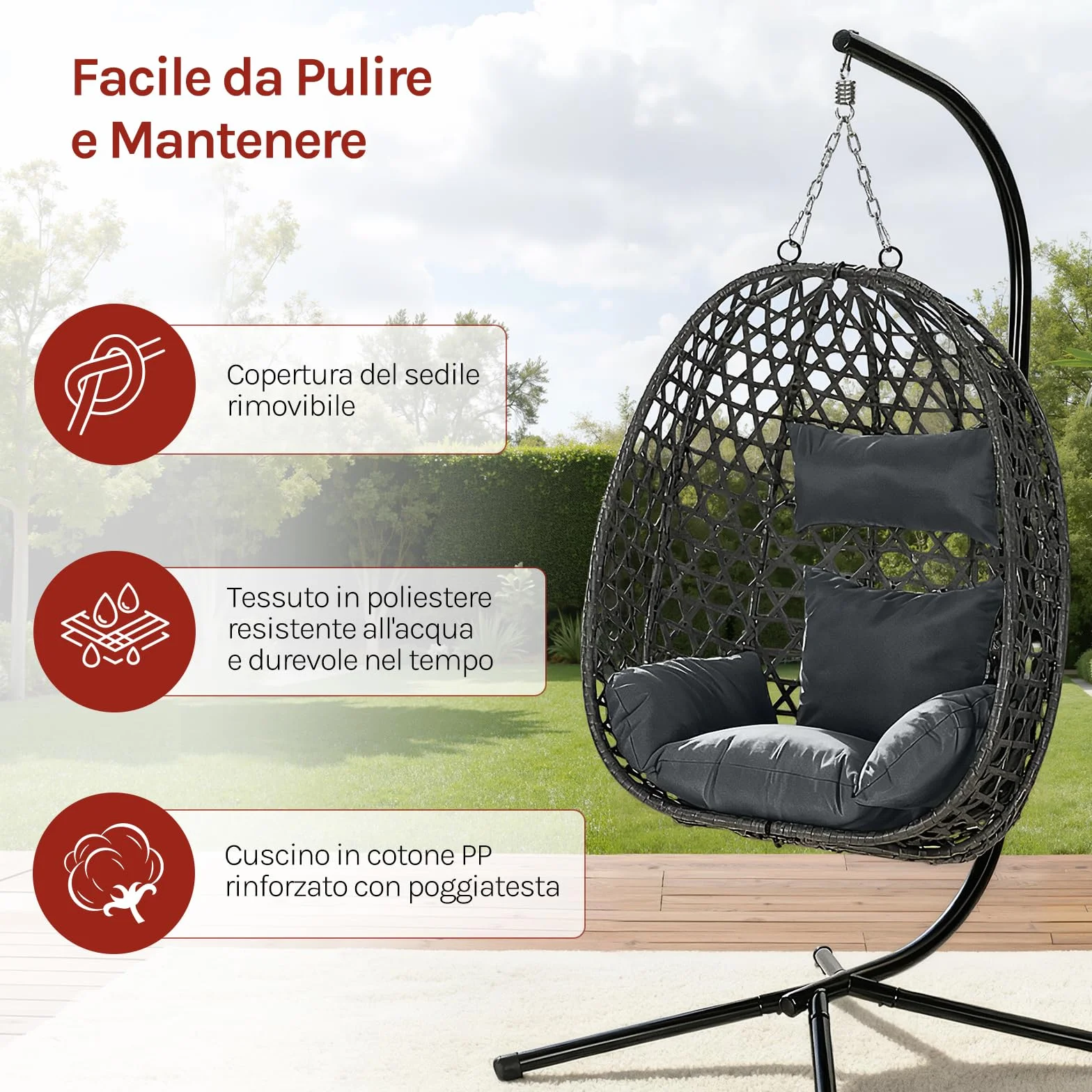 WOLTU Poltrona Sospesa a Uovo con Supporto in Metallo, Cuscino e Poggiatesta, Rattan PE, 102x100x196 cm, Grigio