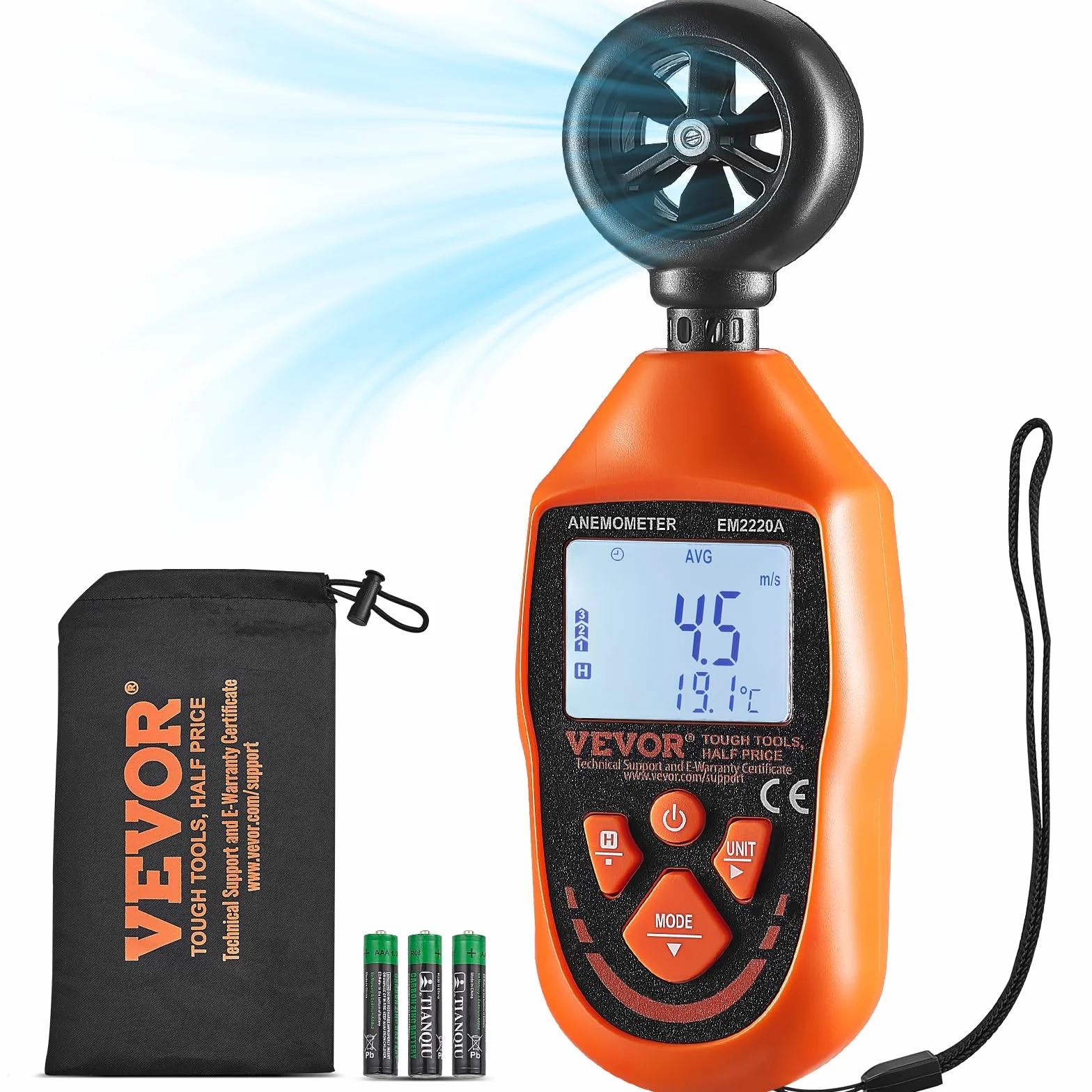 VEVOR Anemometro Portatile da -10-45℃ Misuratore di Velocità del Vento Temperatura Flusso d'Aria, Misuratore di Velocità del Vento Digitale con Display Retroilluminato LED Portatile, Anemometro Vento