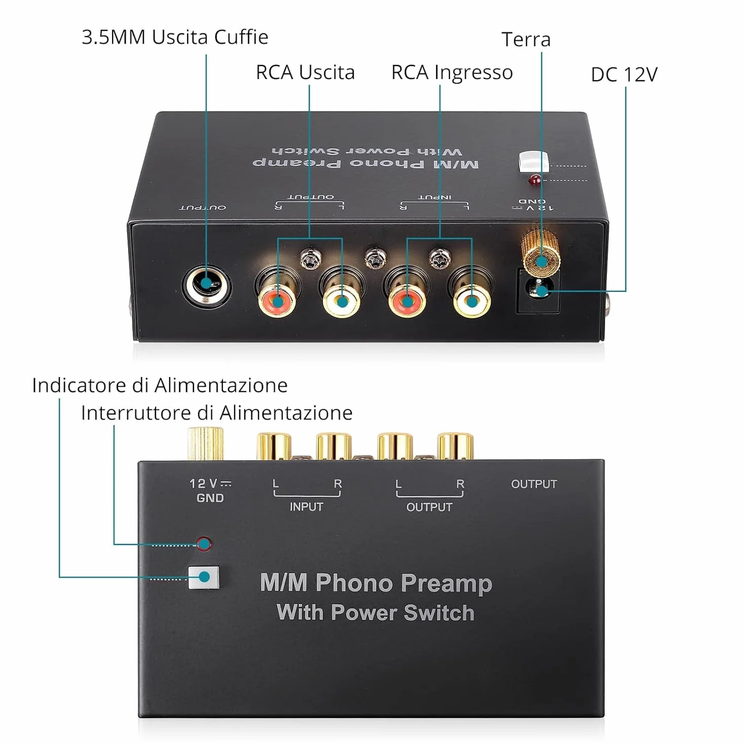 MM Phono Preamplificatore, Mini Preamp Fono DC 12V Audio Stereo per Giradischi a Basso Rumore con Ingresso/Uscita RCA