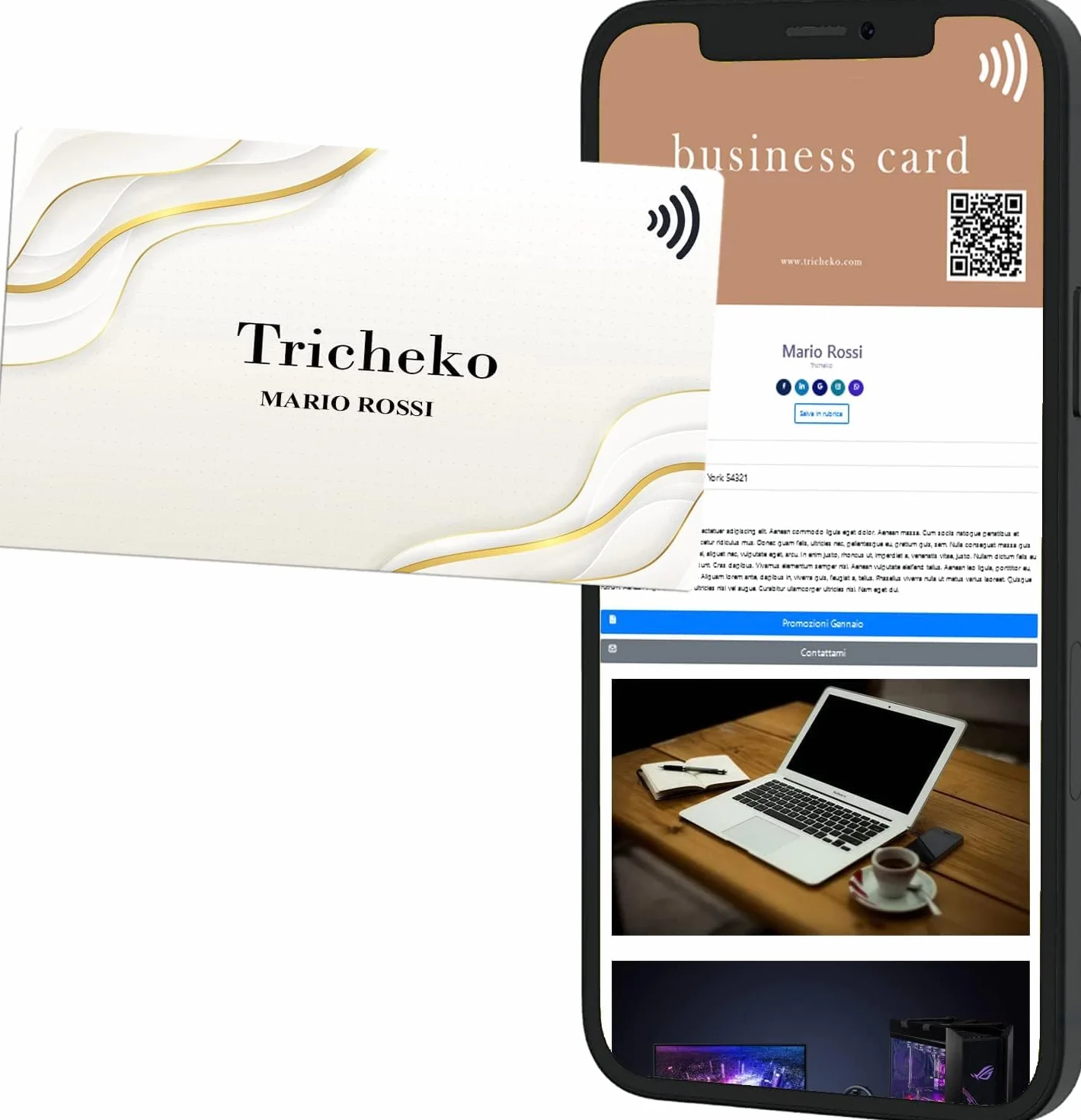 Biglietto da Visita Digitale NFC Contactless QR Code Personalizzato Prodotto in Italia Condivisione Istantanea Contatti Social Media