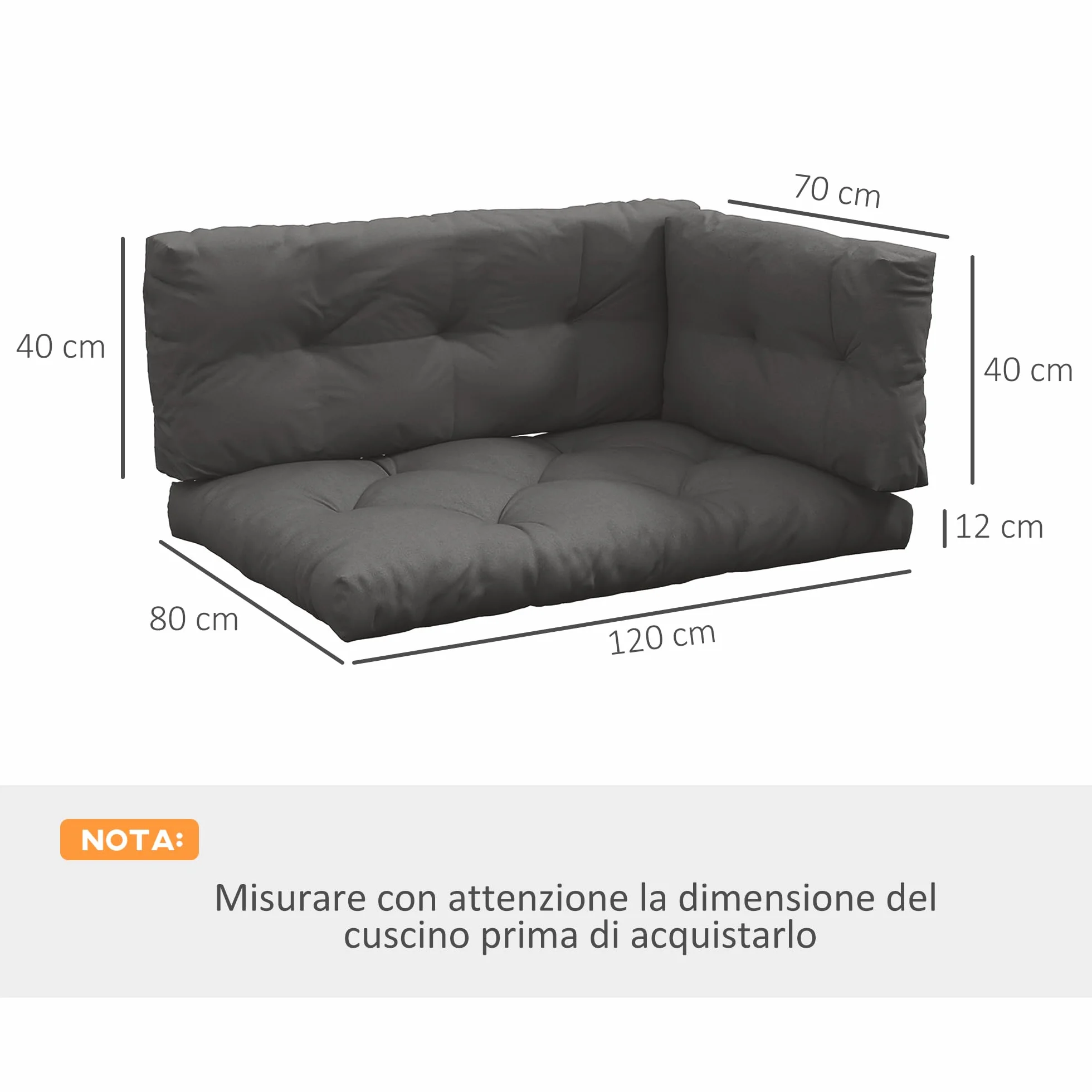 Outsunny Cuscini per Pallet da Giardino 3 Pezzi, Imbottitura Spessa, Poliestere, Grigio Carbone