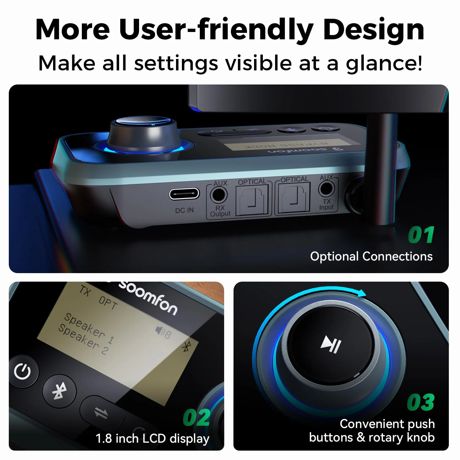 SOOMFON Bluetooth 5.0 Audio Adapter Transmitter Receiver with Aux/Optical/RCA, 3.5mm Jack, Optical, LCD Display