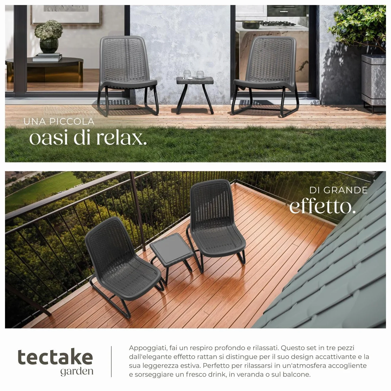 tectake® Salotto da Giardino in Rattan, Salotto da Giardino Esterno con Telaio in Acciaio, 1 Tavolino Salotto, 2 Sedie da Giardino con Schienali Ergonomici e Regolabili in Altezza - Grigio