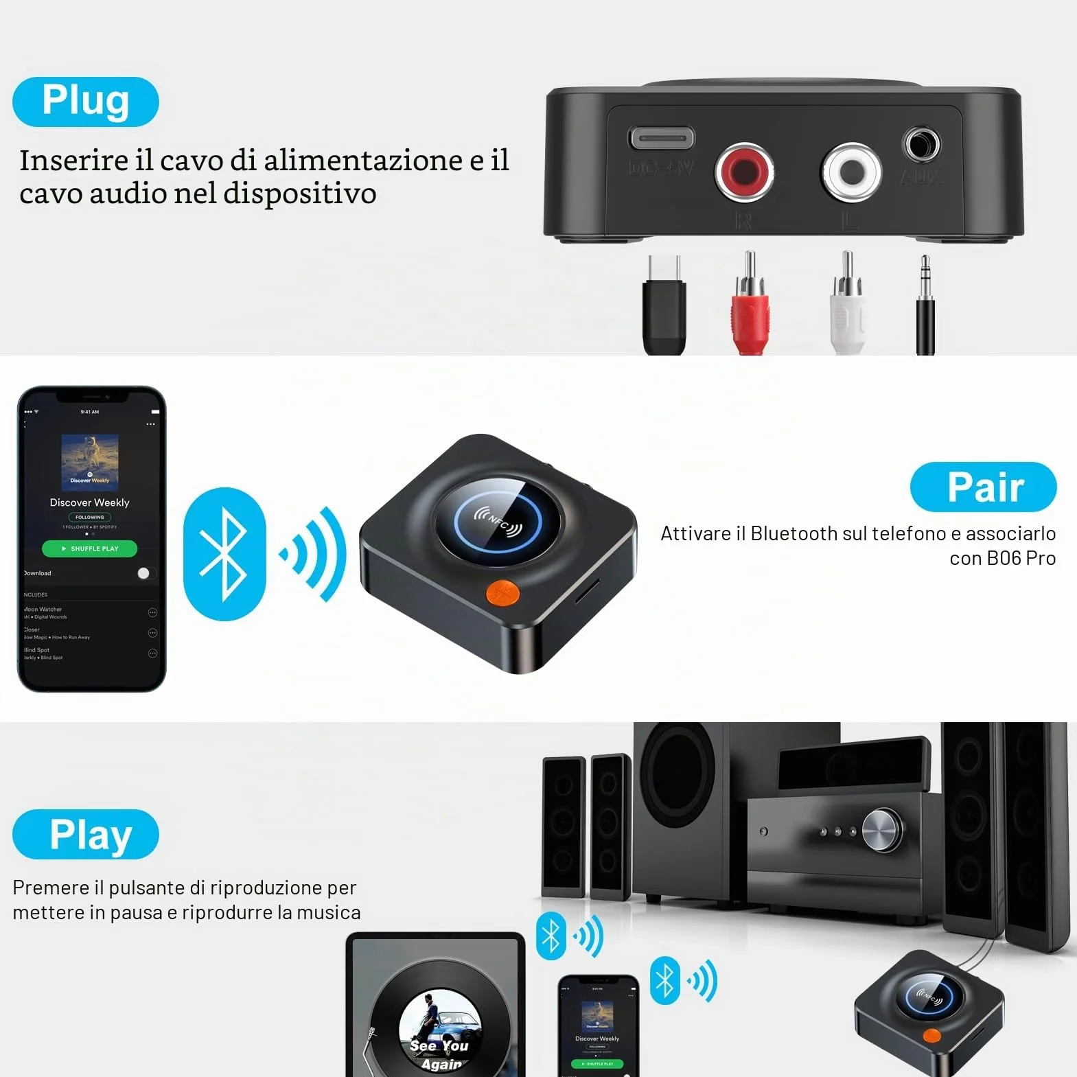 eppfun Ricevitore Bluetooth 5.3 HiFi Adattatore Audio RCA AUX Jack 3.5mm per Stereo Casa