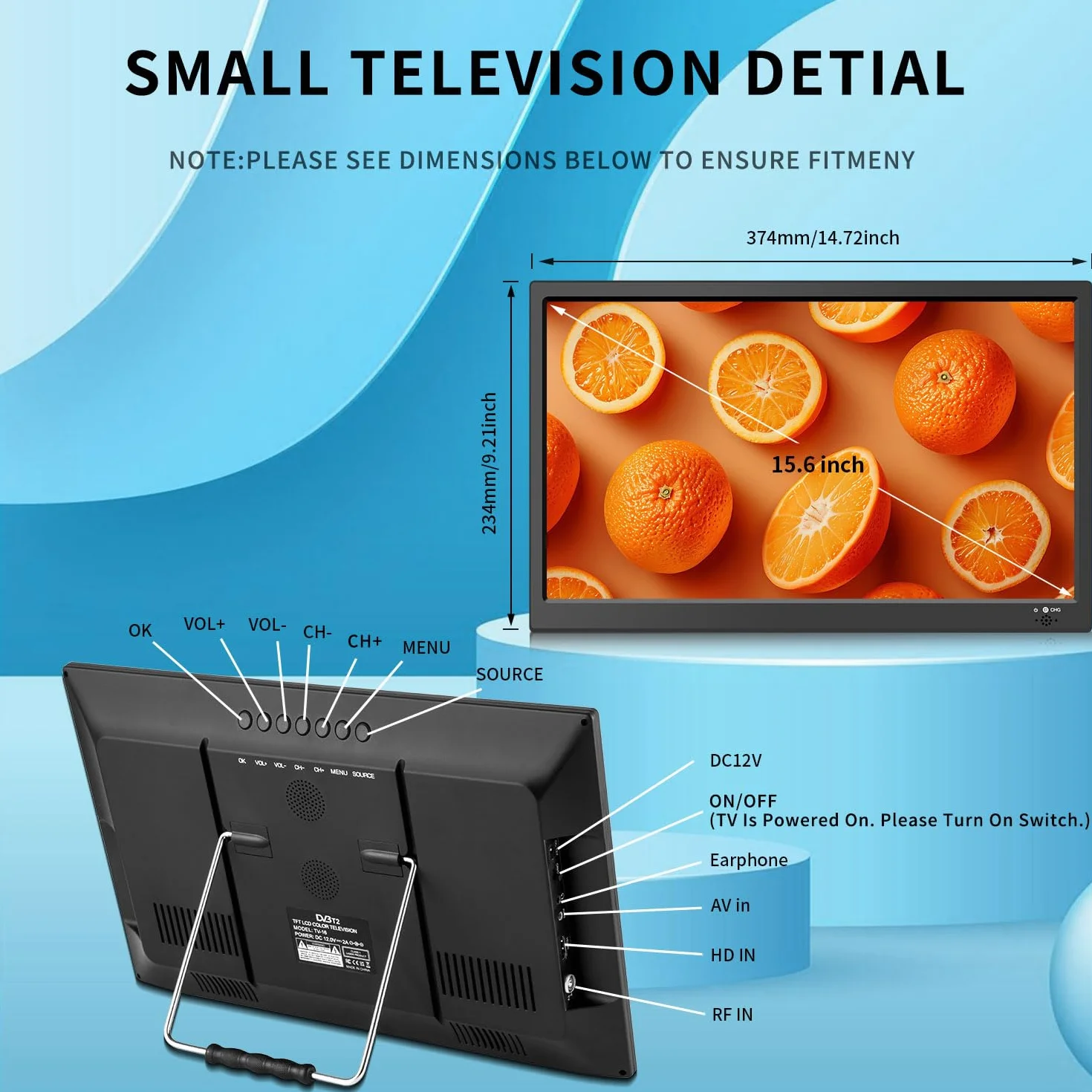 KCR TV digitale ricaricabile 15,6 pollici DVB-T2 HDMI USB