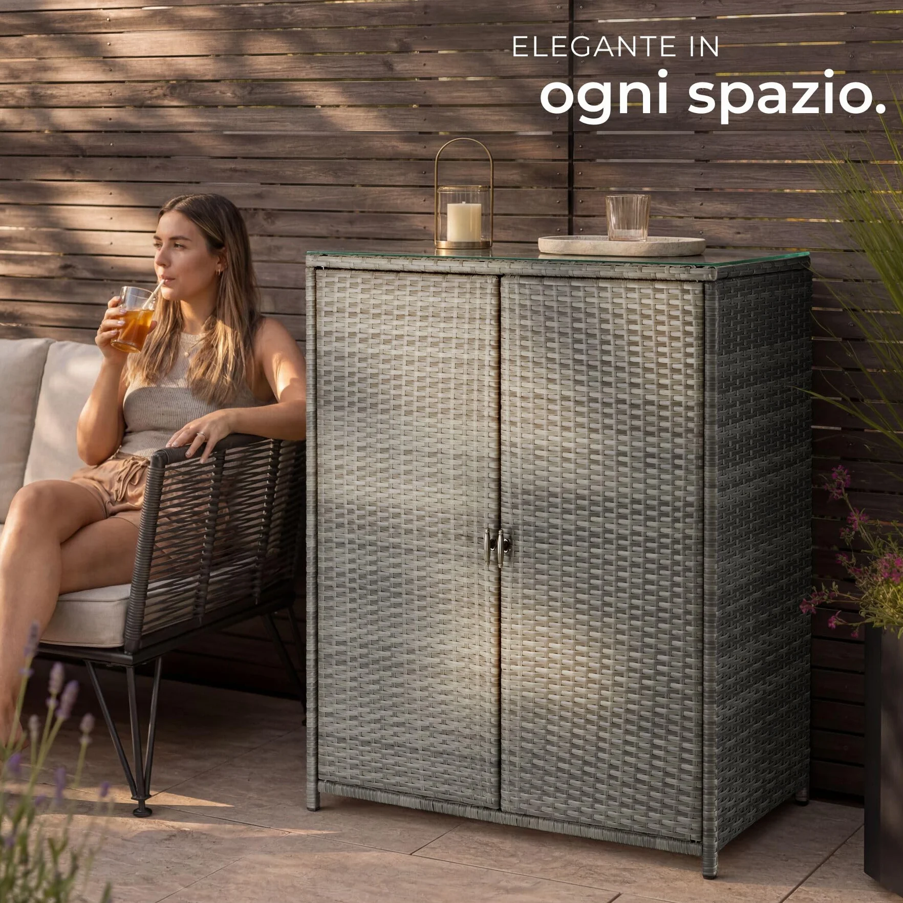 Tectake Armadio da Giardino in Rattan 84x40x103 cm 4 Scomparti Grigio
