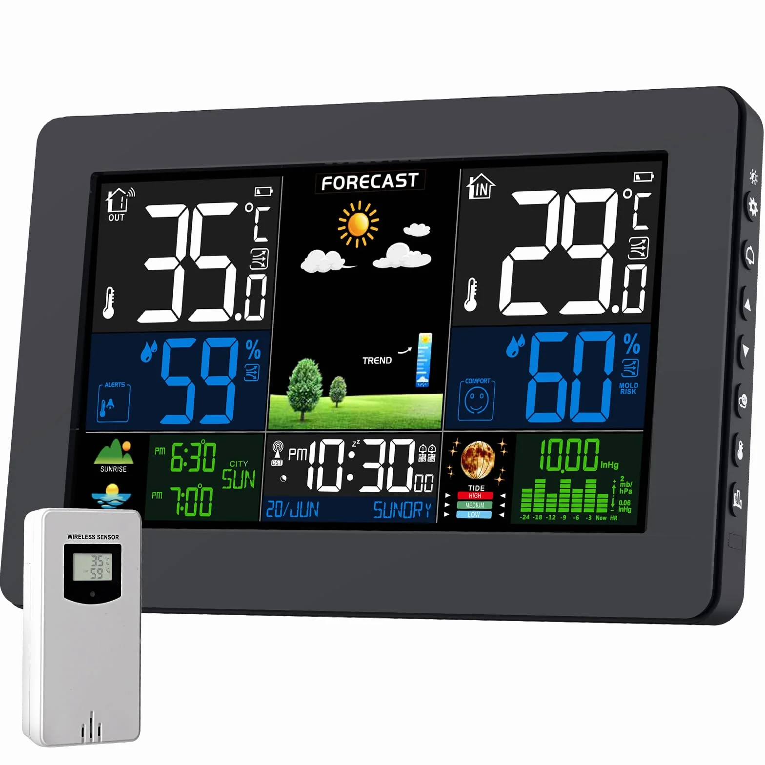 Stazione Meteo con Sensore Esterno, Barometro Digitale LCD Wireless DCF, Sveglia, Fase Lunare
