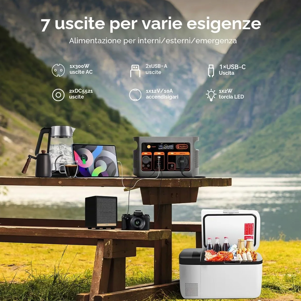 FlashFish 300W Stazione di alimentazione portatile con pannello solare 100W, batteria LiFePO4 da 179,2Wh, ricarica rapida 0–80% in 1 ora, funzione EPS, generatore solare multifunzionale per campeggio