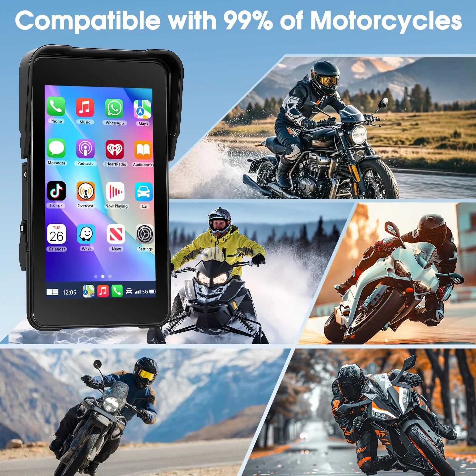 Navigatore per moto con Apple CarPlay e Android Auto Wireless, Autoradio Portatile Touchscreen HD 5 Pollici Bluetooth FM Impermeabile IP68