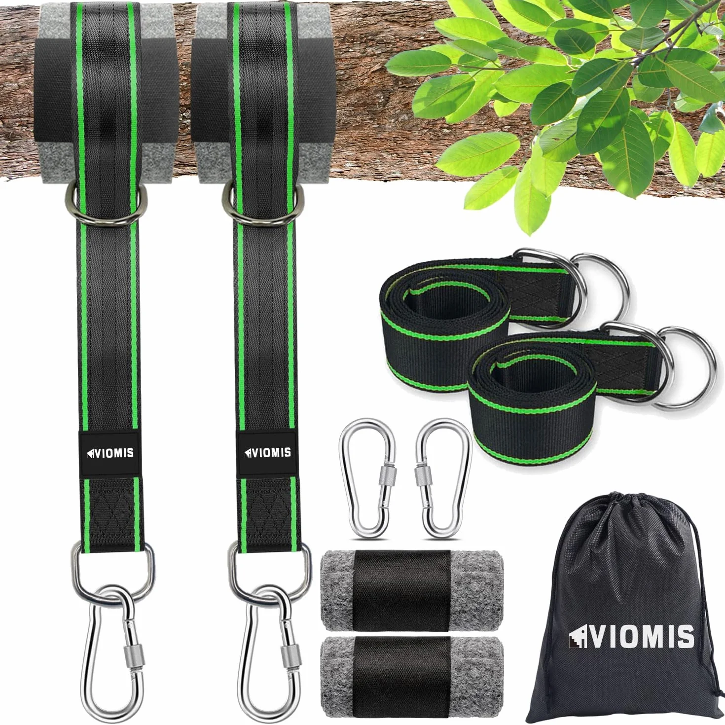 Set di fissaggio per altalena e amaca, 900 kg, pacchetto completo con cinghie da 150 cm, moschettoni, anelli a D, protezione dell'albero e custodia, uso universale per giardino e esterno