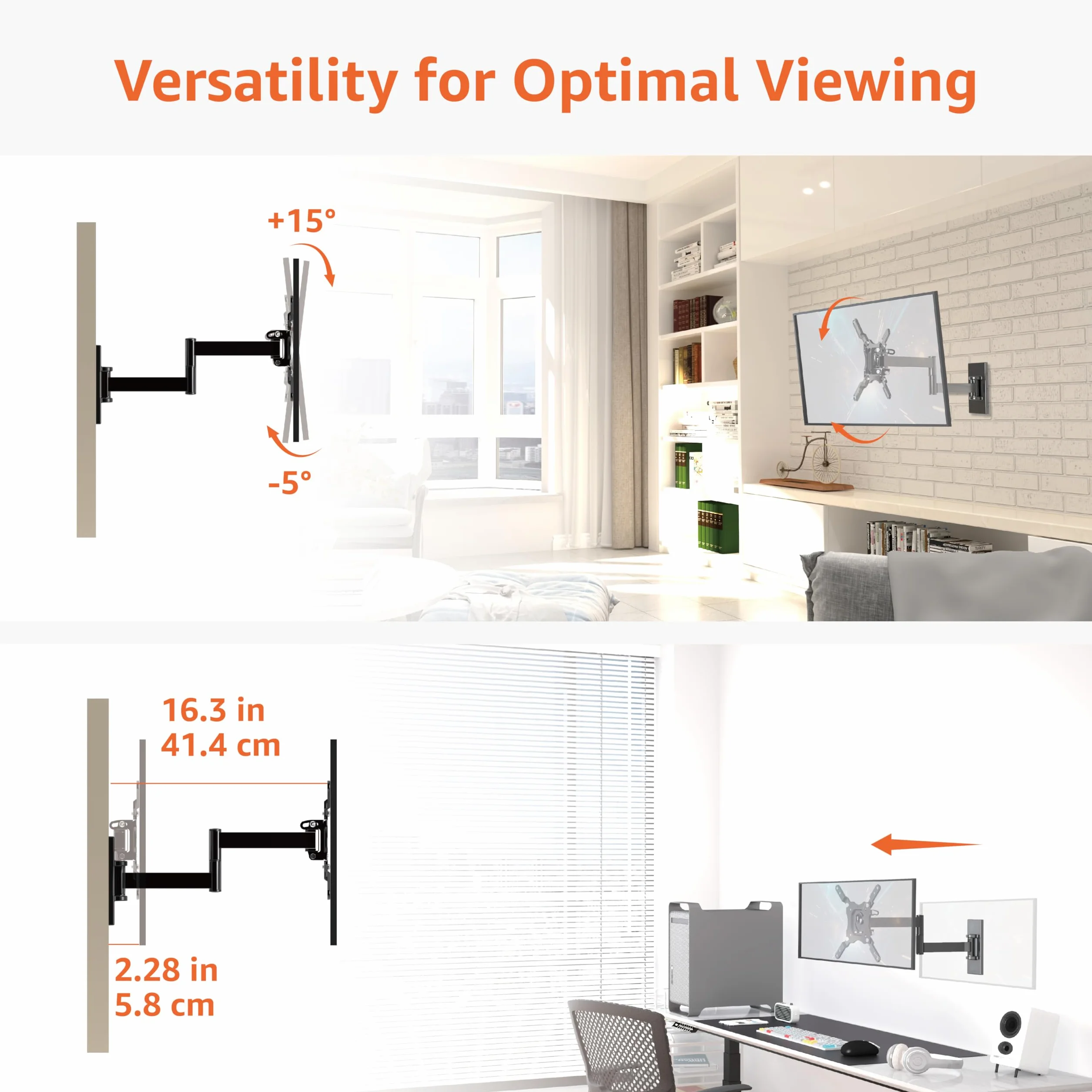 Amazon Basics Supporto da Parete per TV Orientabile Girevole Inclinabile 12-40" 36 Kg VESA 200mm x 200mm Nero