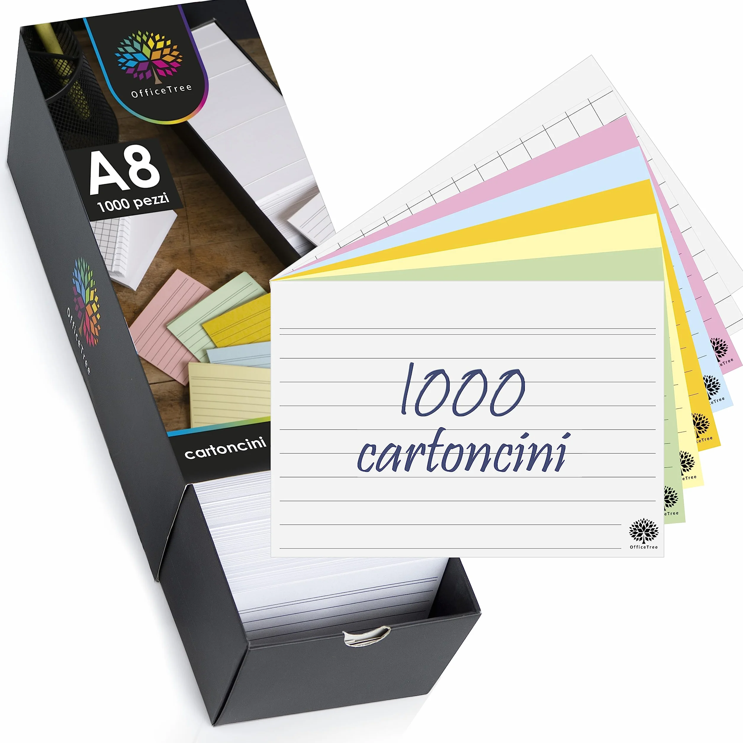 OfficeTree 1000 cartoncini A8 righe quadri colorati per vocabolario formule appunti