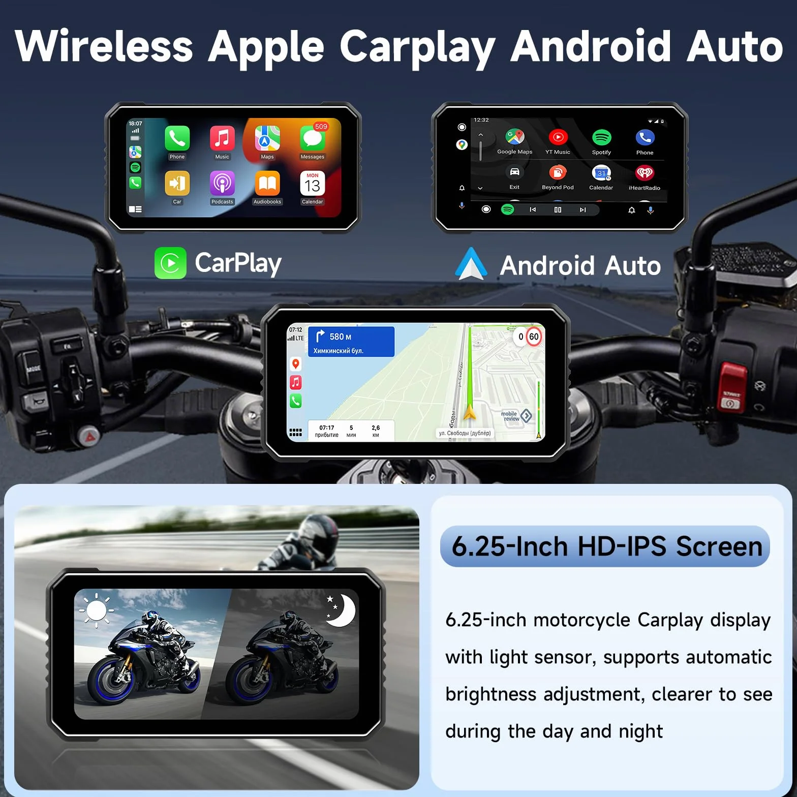 Vtopek Carplay Moto 6,25 Pollici Dashcam 4K+1080P Dual Camera Impermeabile Navigazione GPS Bluetooth Siri 64GB