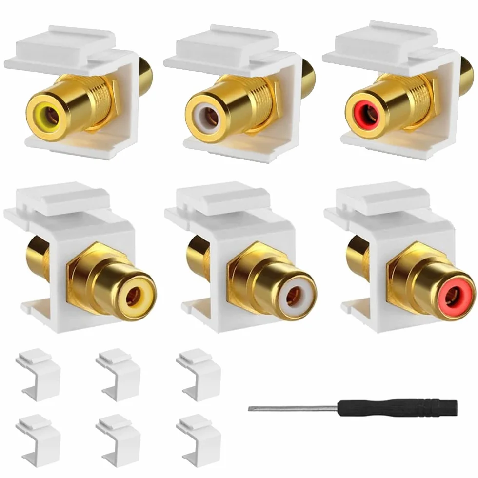 Inserto jack RCA Keystone placcato oro, presa connettore femmina a muro rosso/bianco/giallo, confezione da 6 con inserti vuoti e cacciavite