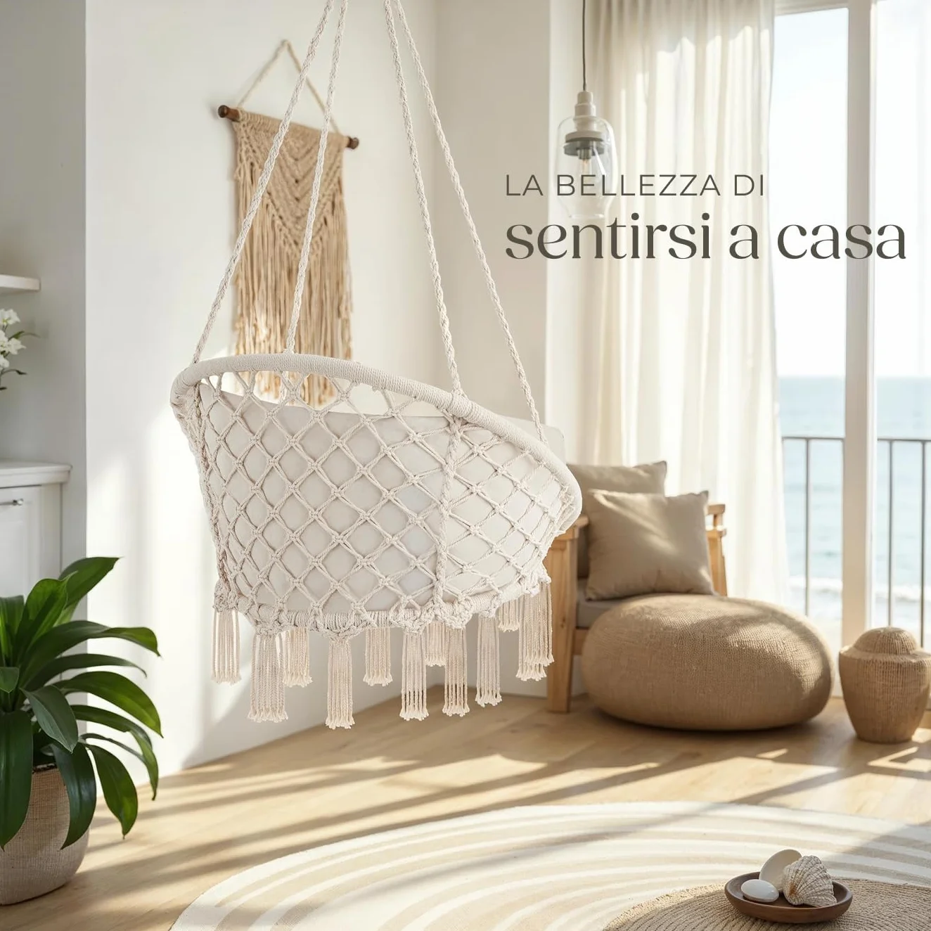 tectake® Poltrona Sospesa, Interno & Esterno, Diametro Seduta 60 cm, Robusta, Grande e Morbidissimo Cuscino, Sedia a Dondolo, Sedia Sospesa da Interno e Terrazzo - Beige