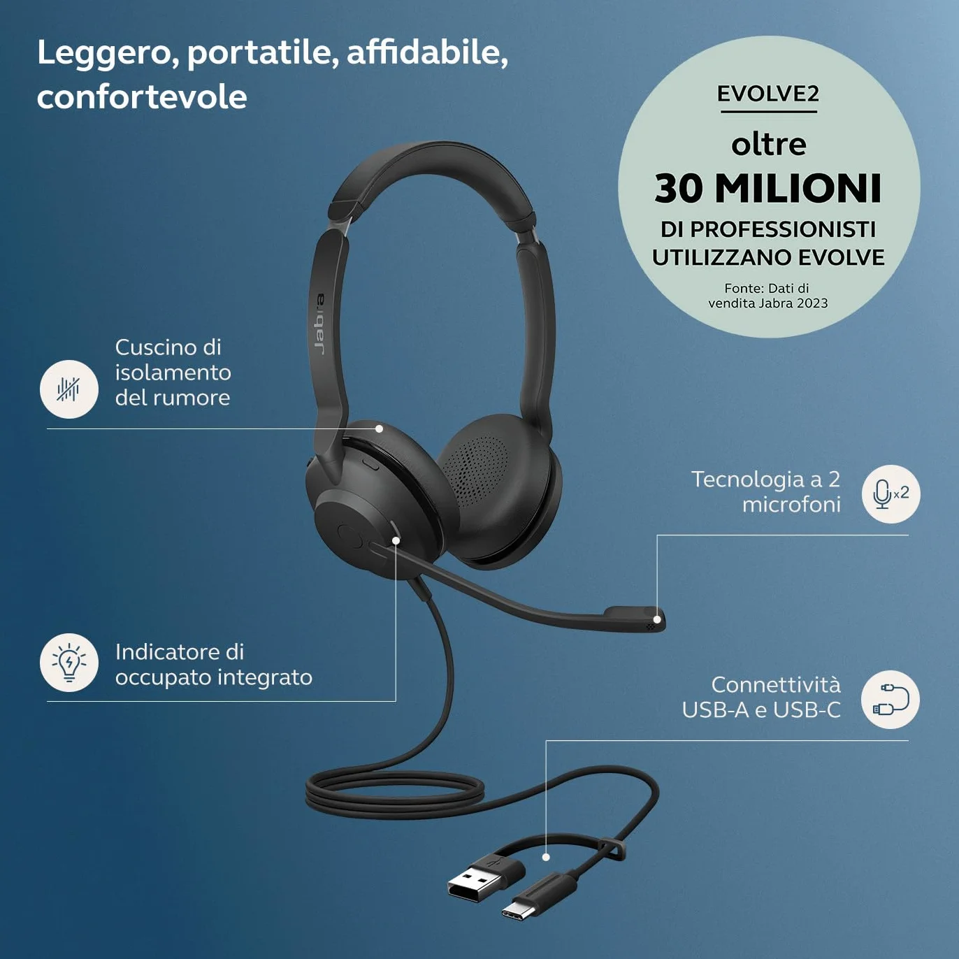 Jabra Evolve2 30 SE USB-A/USB-C cuffie a doppio filo Microsoft Teams