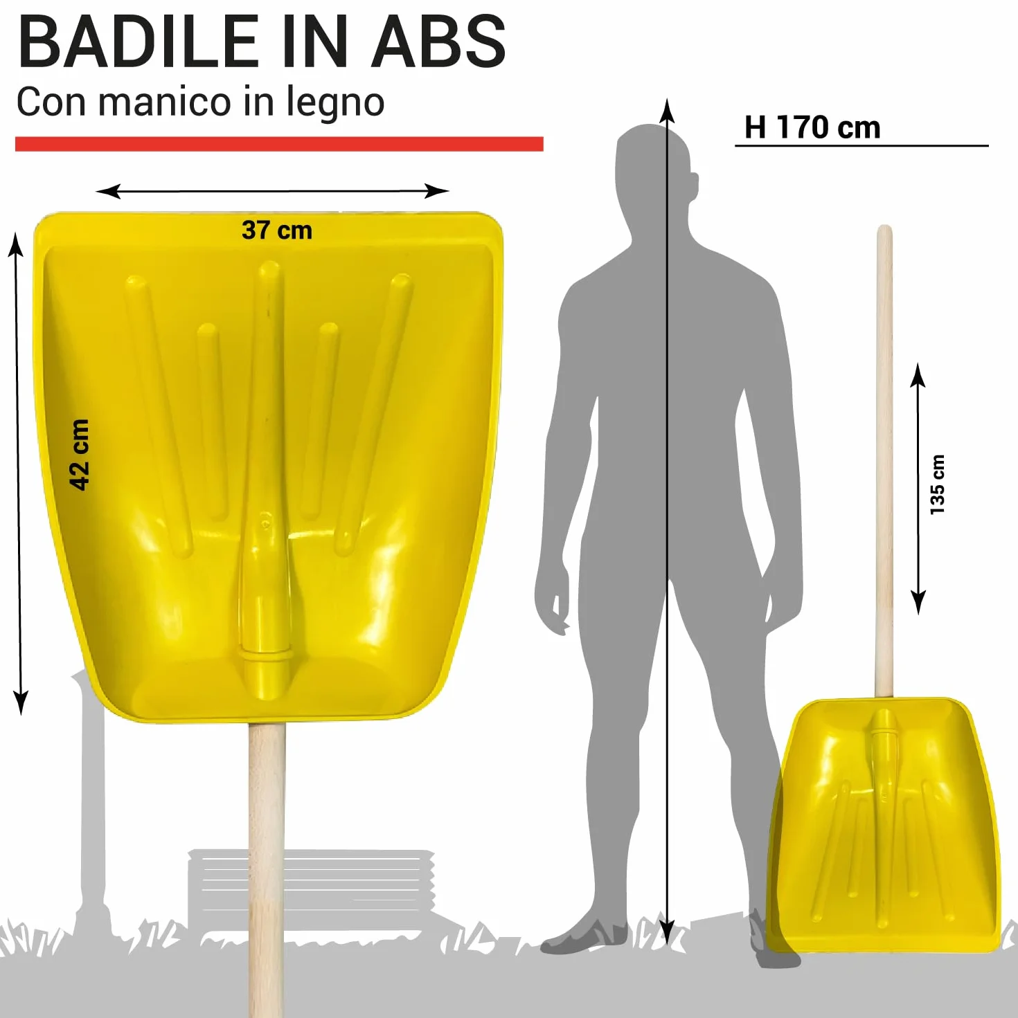 Crisalide® - Badile Super Resistente 37x42 cm con Manico in Legno - Versatile per Uso Agricolo, Giardinaggio e Lavori Pesanti, Multiuso, Pala da Neve
