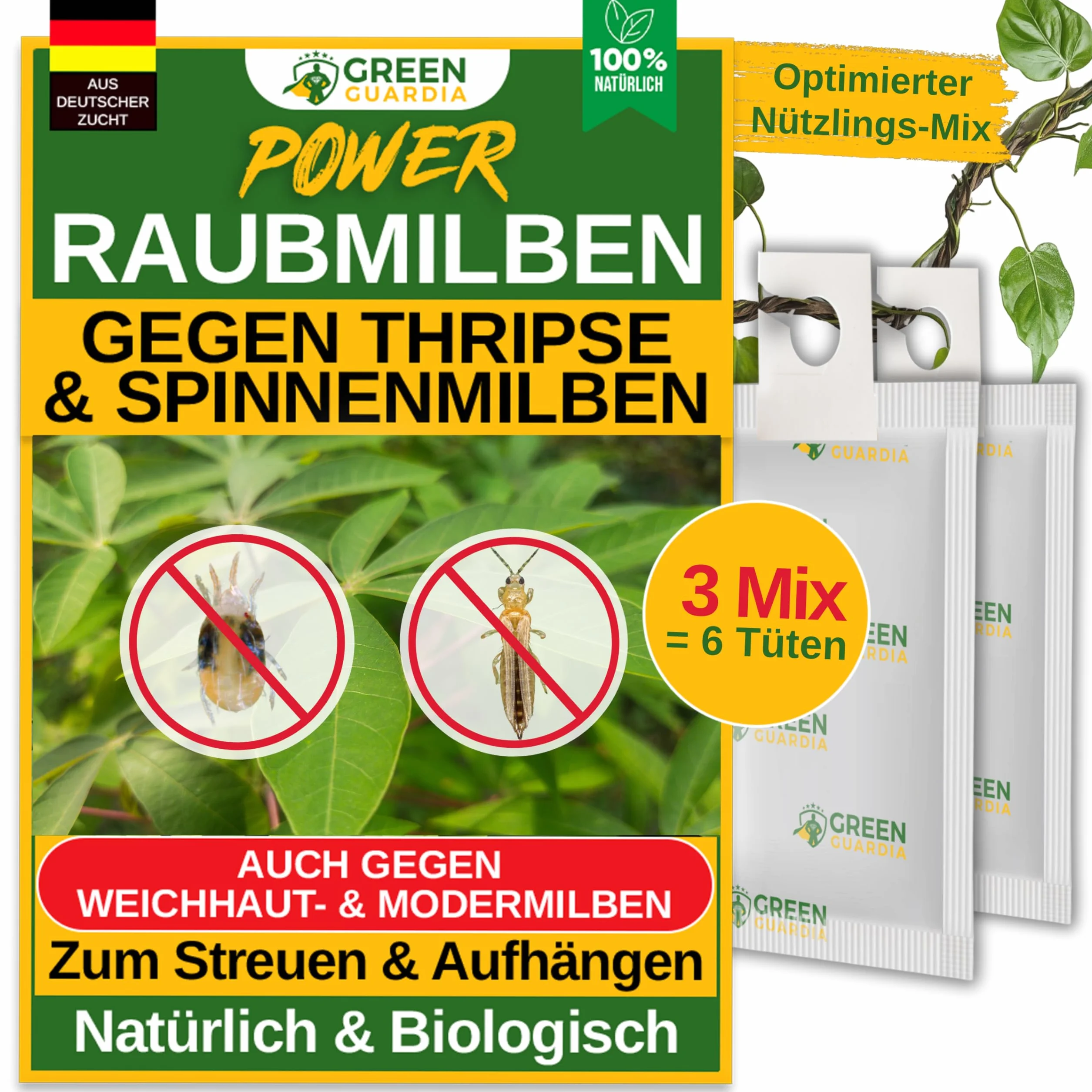 GREEN GUARDIA Power Mix di acari predatori contro tripidi e acari di ragno, 3 mix a 6 sacchetti, agente biologico per combattere efficacemente i tripidi, ecologico, senza sostanze chimiche, facile da