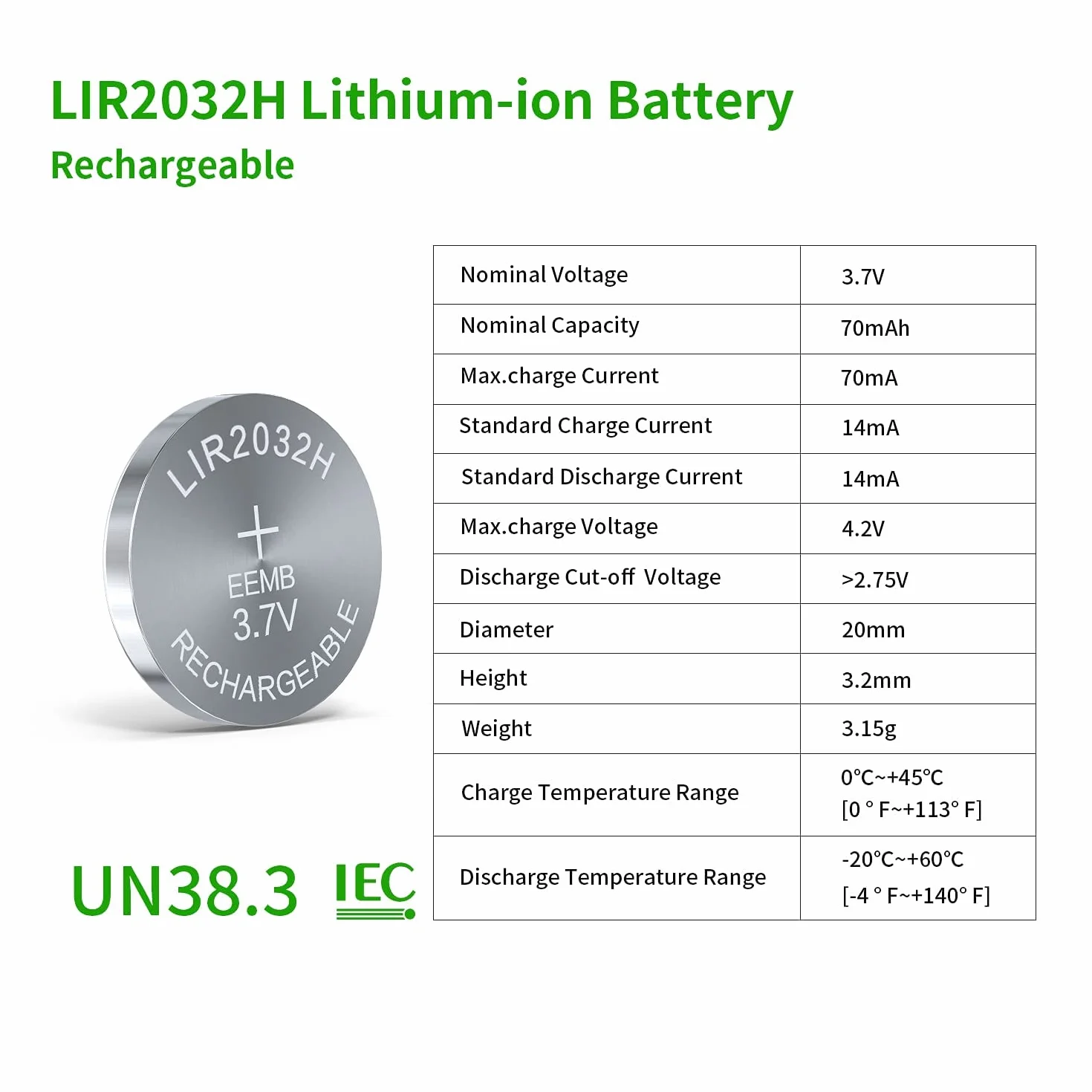 EEMB LIR2032H Ricaricabile 4PCS 3.7V Batterie a Bottone agli Ioni di Litio 70mAh Sostituisce ML2032