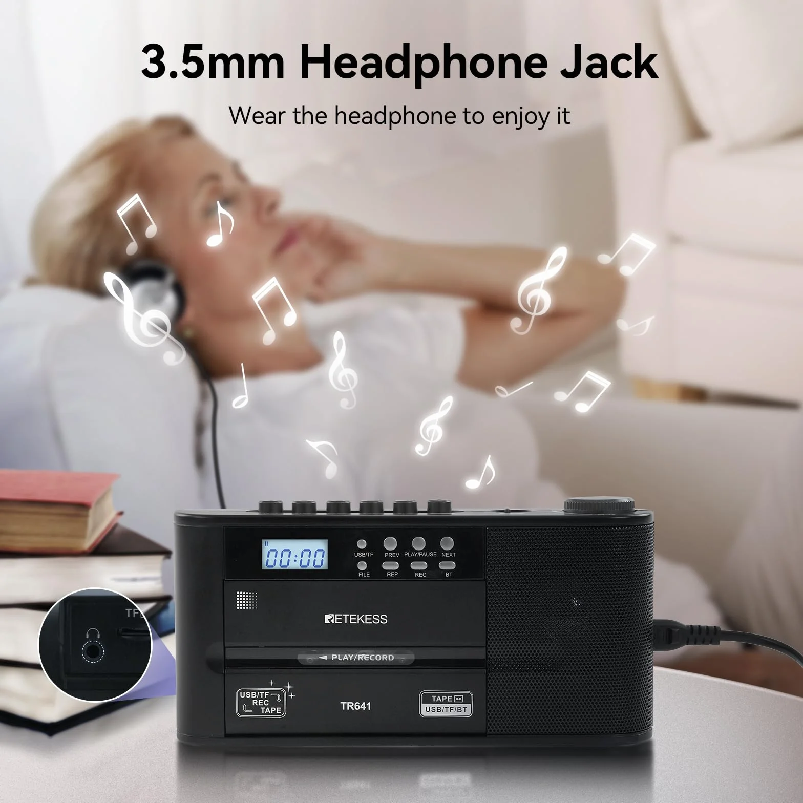 Retekess TR641 Lettore di Cassette Radio Portatile FM AM USB TF Wireless