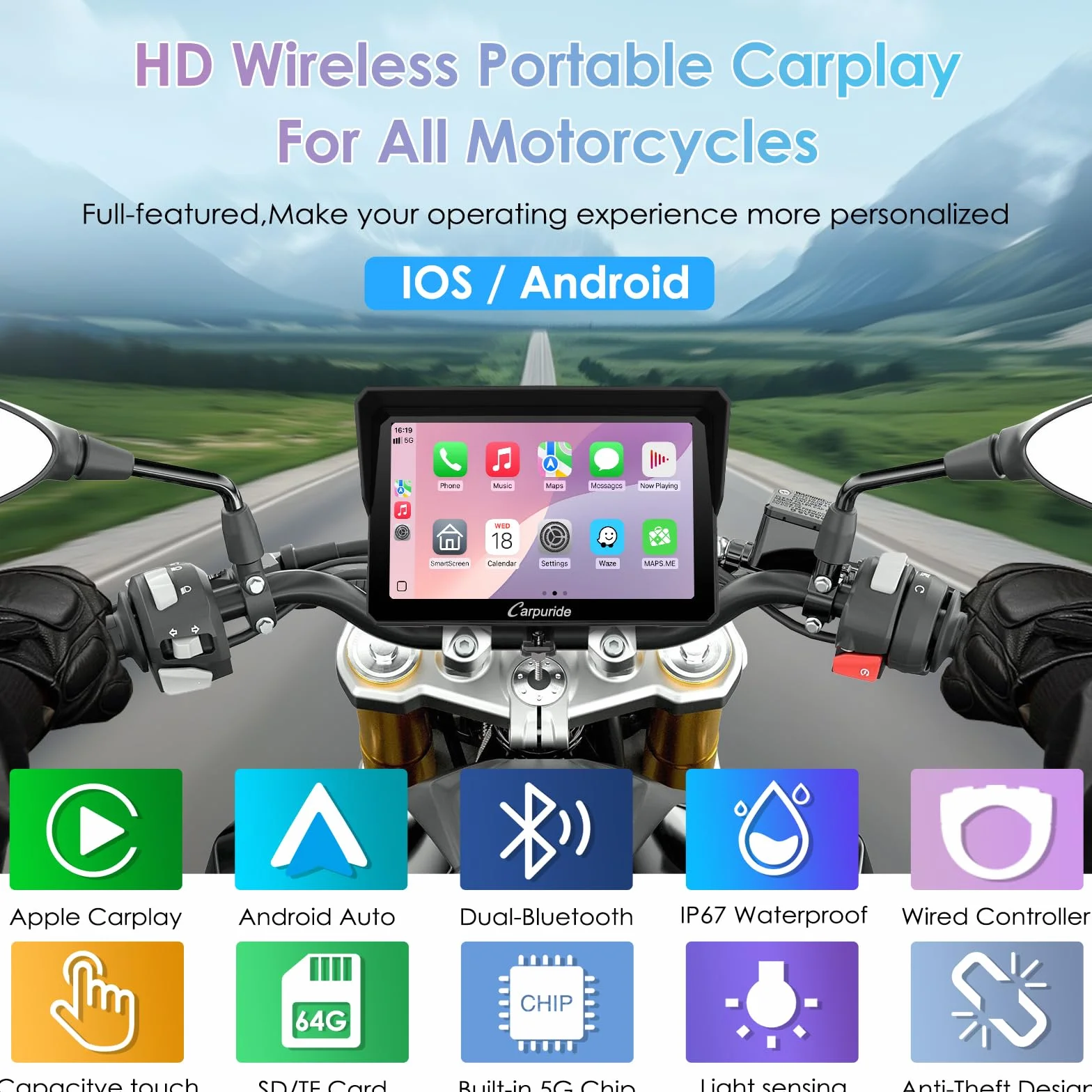 CARPURIDE W702S Moto Carplay Schermo 7" Impermeabile Touchscreen Senza Fili CarPlay Android Auto Bluetooth