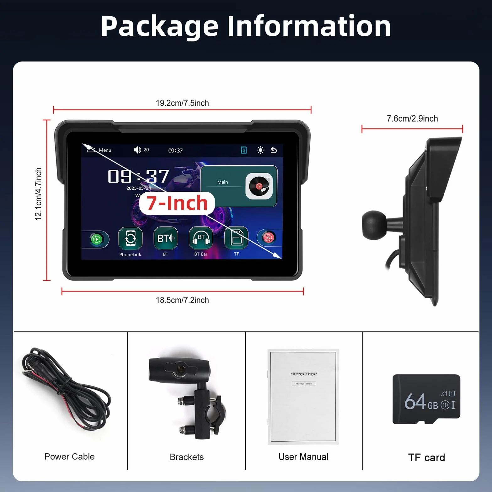 Schermo Carplay Moto Senza Fili 7 Pollici Impermeabile Touchscreen Doppio Bluetooth Navigazione GPS Android Auto +64G Card