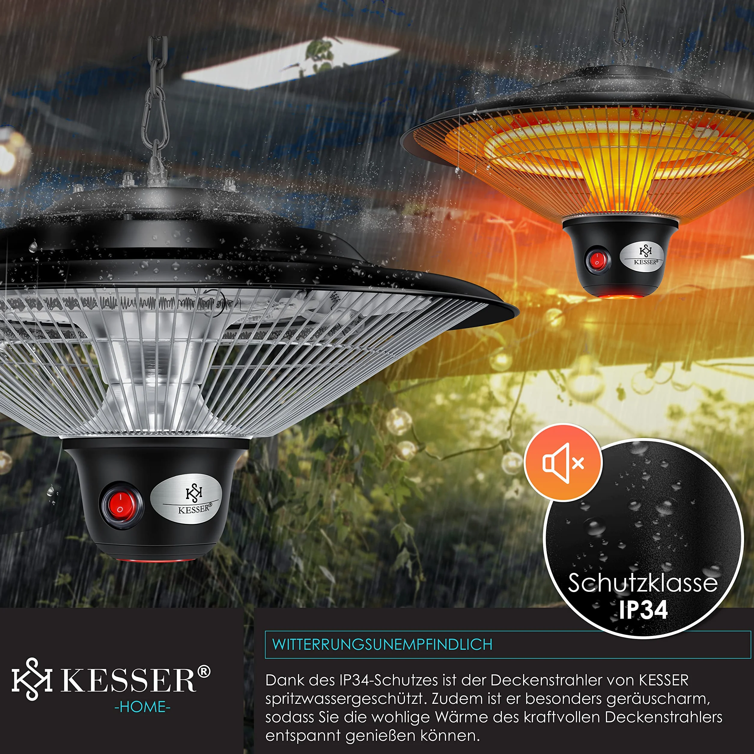 KESSER® Riscaldatore radiante a soffitto con telecomando, Riscaldatore per patio, infrarosso, riscaldatore, radiatore a infrarossi, radiatore di calore, patio, radiatore al quarzo, potenza: 1500W