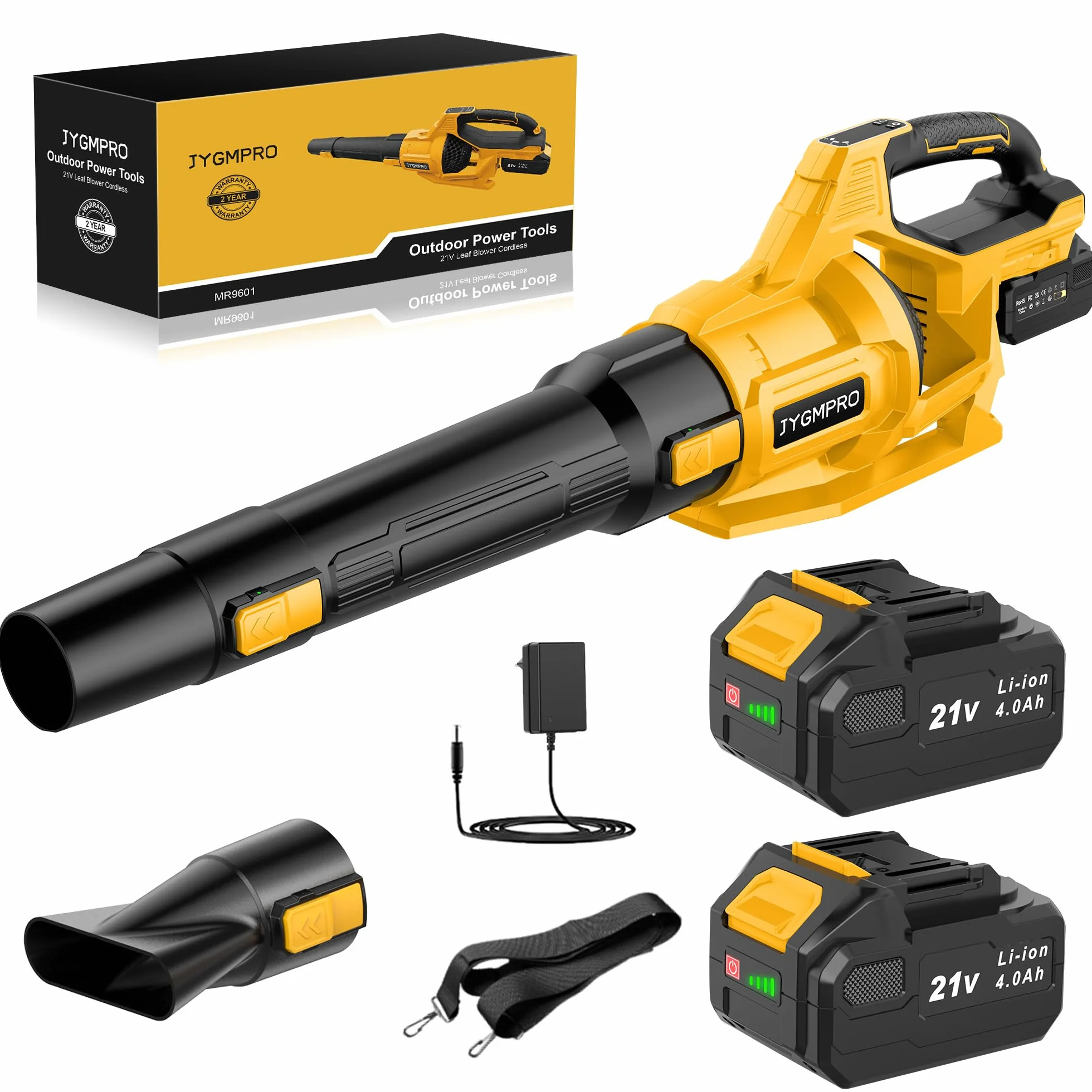 21V Soffiatore a Batteria, Soffiatore Foglie Elettrico con 2 Batteria da 4,0Ah, 2 Ugelli, 3 Velocità Regolabili, Tracolla per Foglie, Neve, Polvere e Detriti
