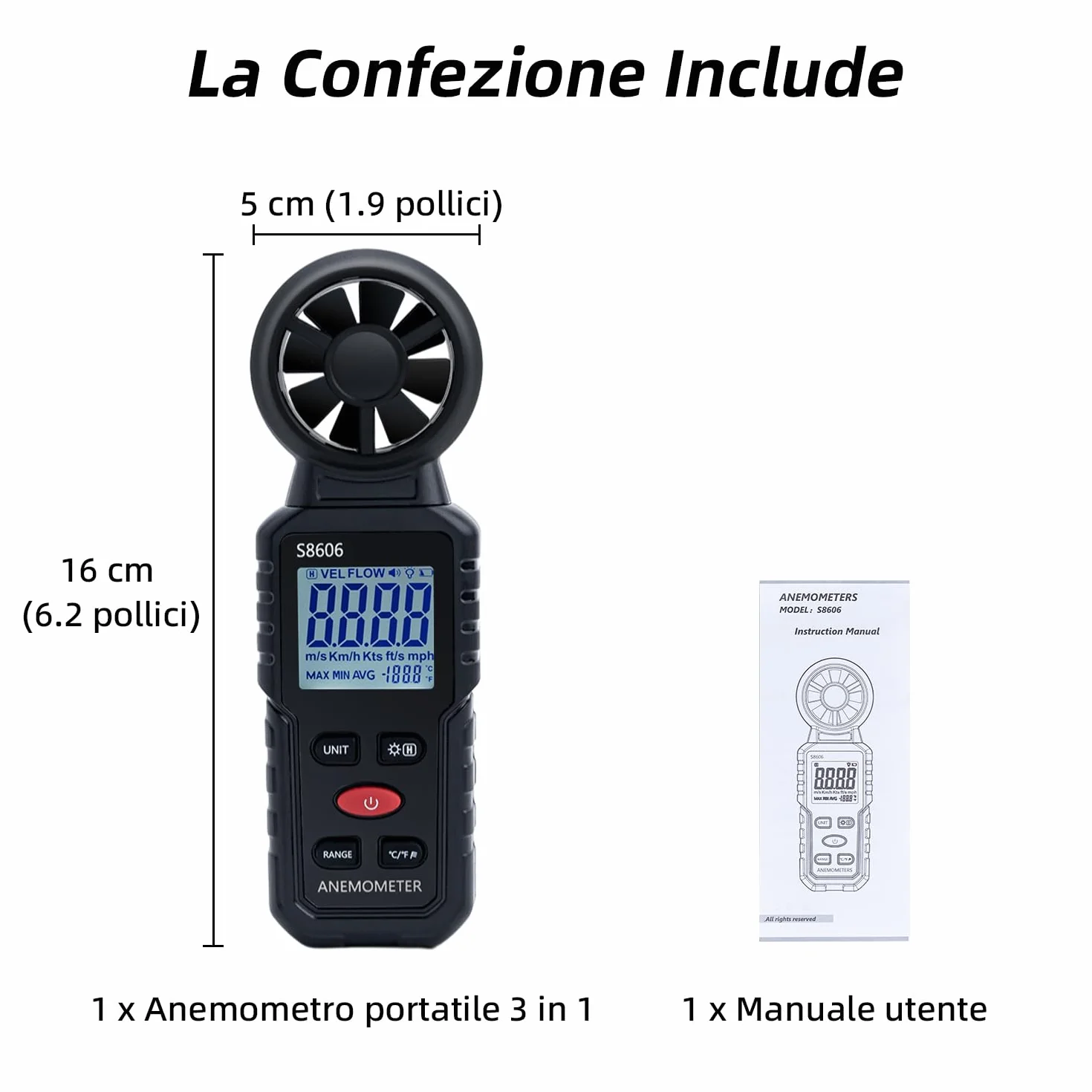 Anemometro Portatile 3 in 1 Misuratore di Velocità del Vento per Esterni Nela Surf Volo