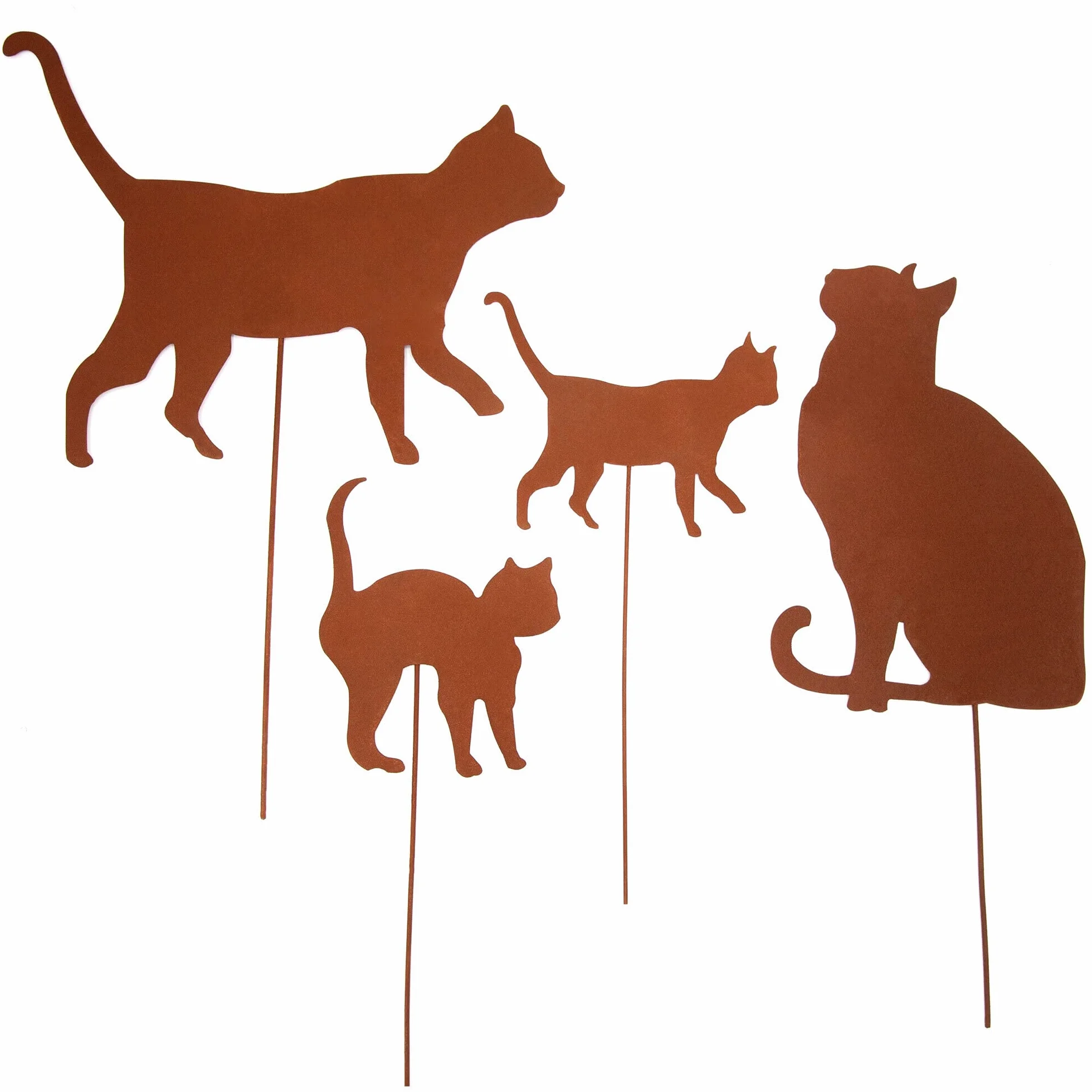 UNUS Set di 4 pali da giardino con patina, forma gatto, decorazione da giardino con aspetto ruggine, decorazione in metallo resistente alla ruggine per giardino, terrazzo, balcone, vaso da fiori