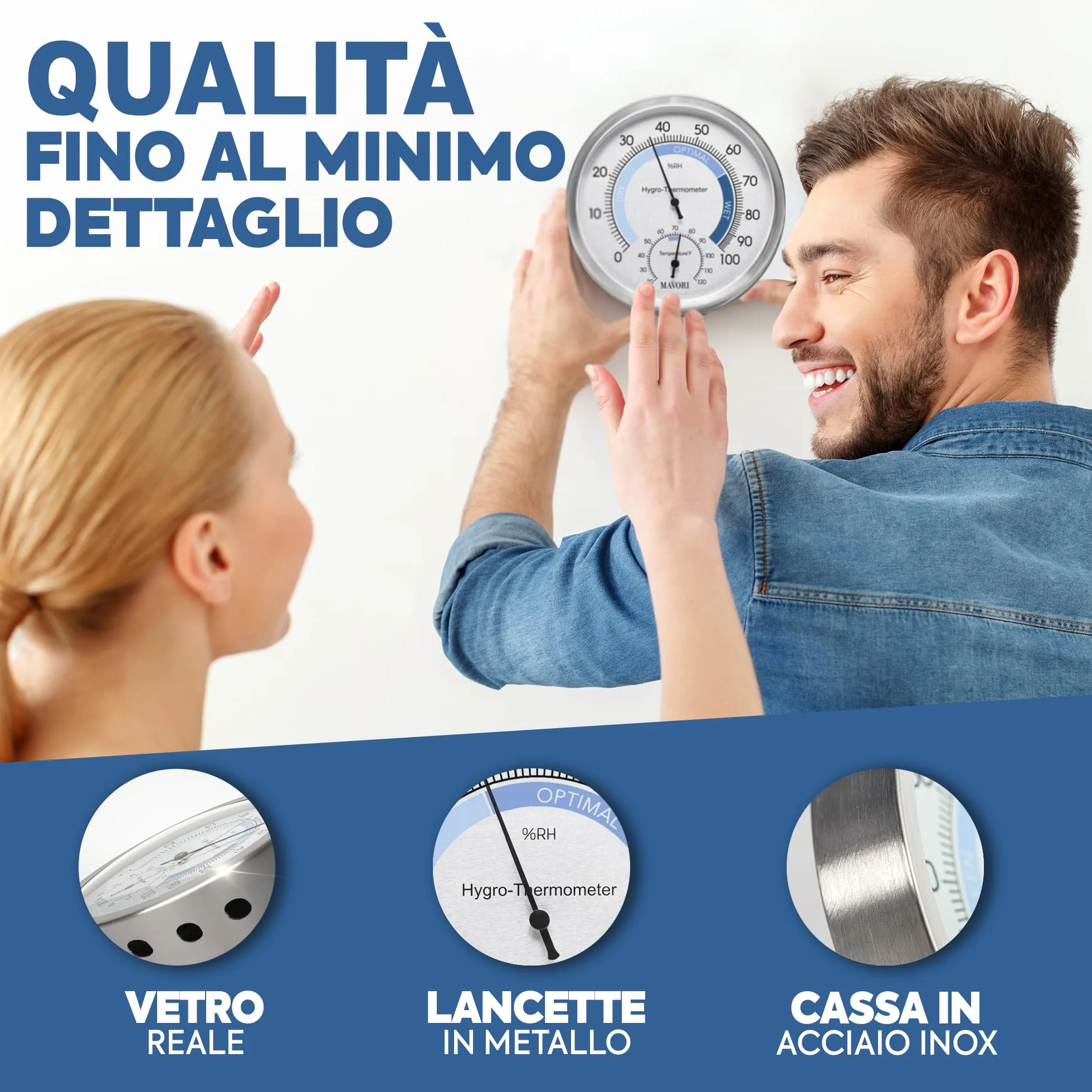 Igrometro analogico e termometro da interno 2 in 1 acciaio inox Ø 12,5 cm