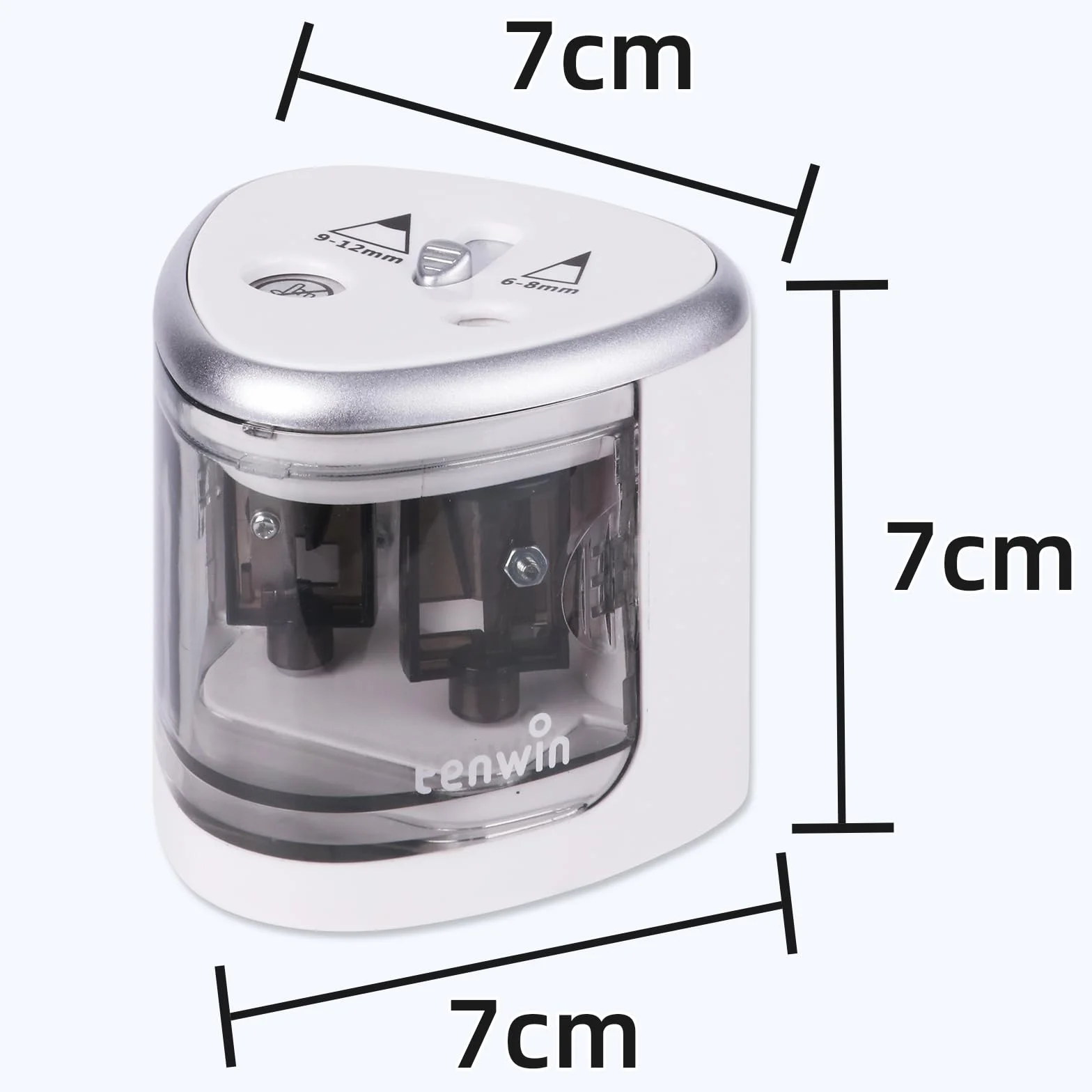 Tenwin temperamatite elettrico a batteria doppio foro per matite 6-12 mm No.2, lama durevole, argento