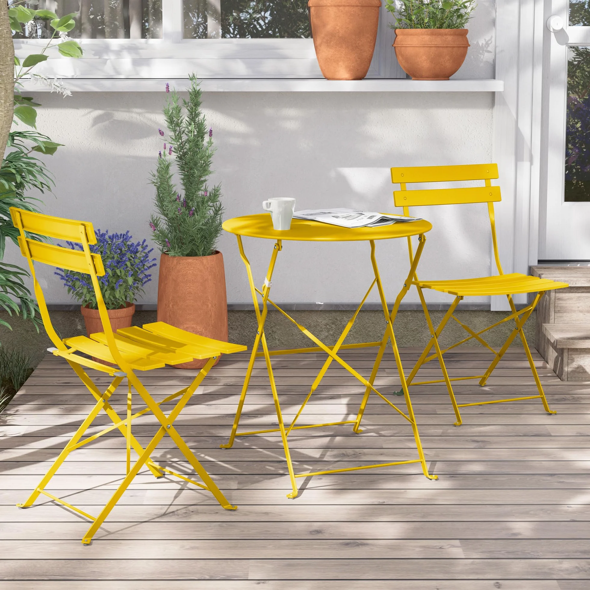 Grand patio Set Bistrot, 1 Tavolo e 2 Sedie, Ripiegabile, Set da Balcone, Struttura in Metallo, Vari Colori,salvaspazio, Set arredo Giardino per Balcone, Esterno (Giallo)