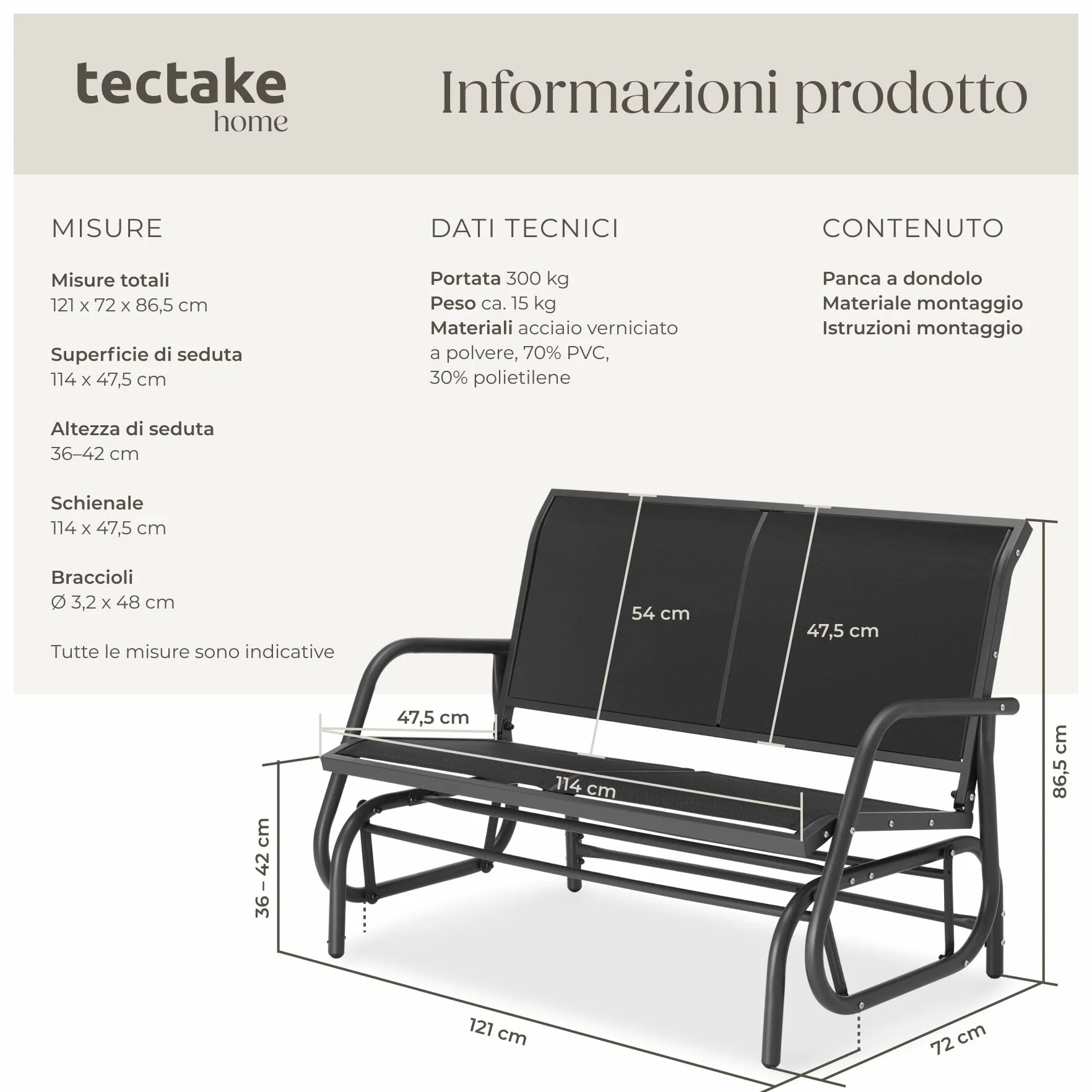 tectake® Panca da Giardino con Meccanismo Basculante, Panchina da Esterno a Dondolo 2 Posti, Telaio in Acciaio Verniciato, Panca con Schienale, 121 x 72 x 86,5 cm - Nero