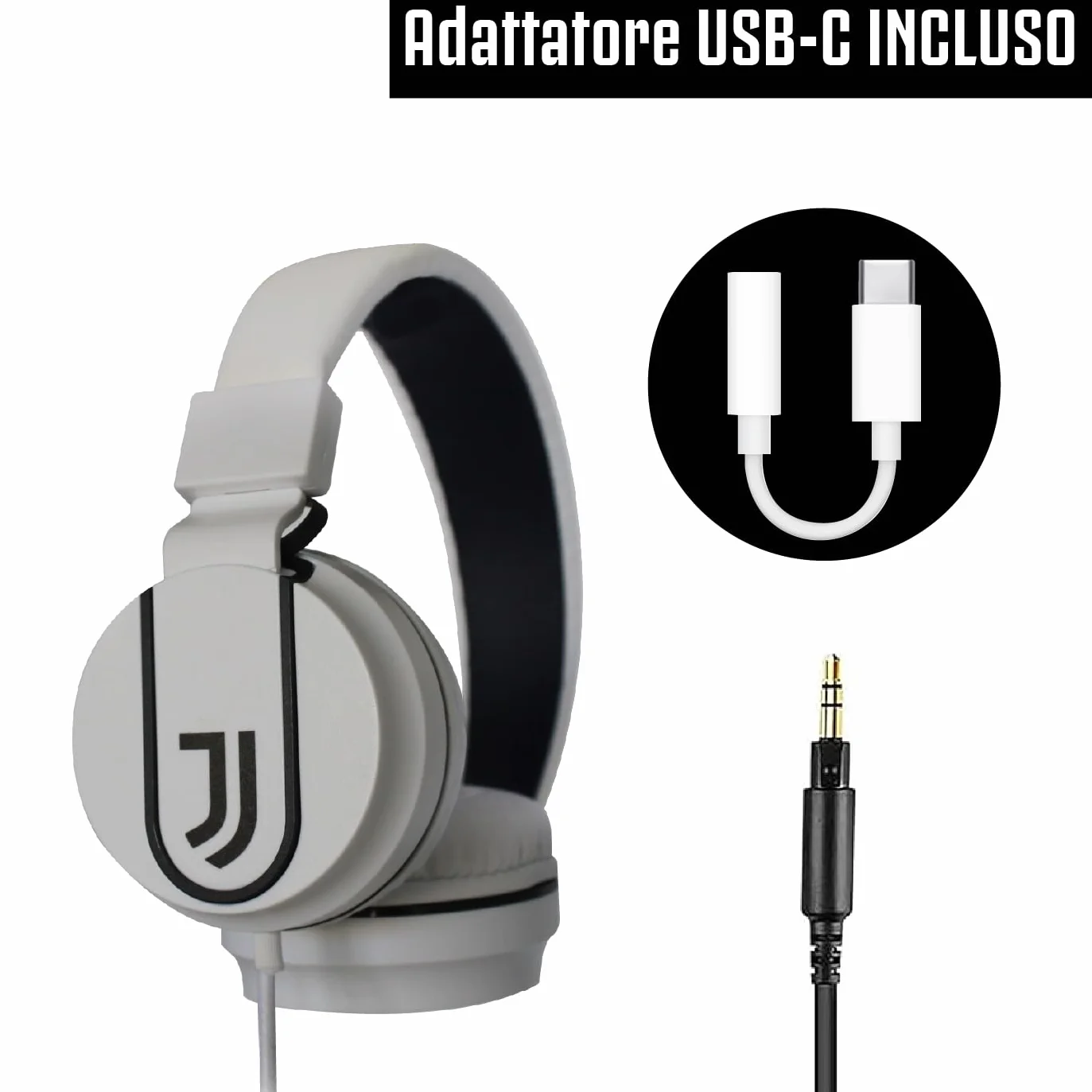 Juventus Football Cuffia On-Ear z mikrofonem, kabel aux, biało-czarna, adapter USB-C