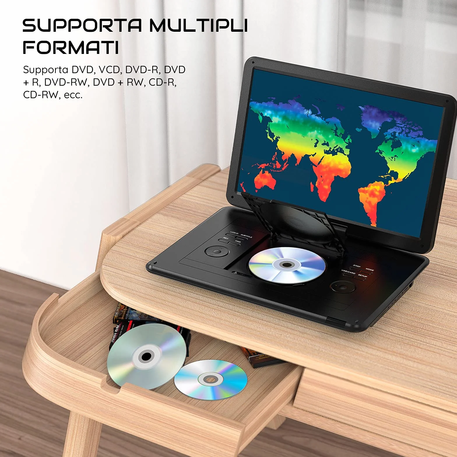 Lettore DVD Portatile 17,5" Schermo HD 16" Batteria 6 Ore USB/SD Sync TV Nero