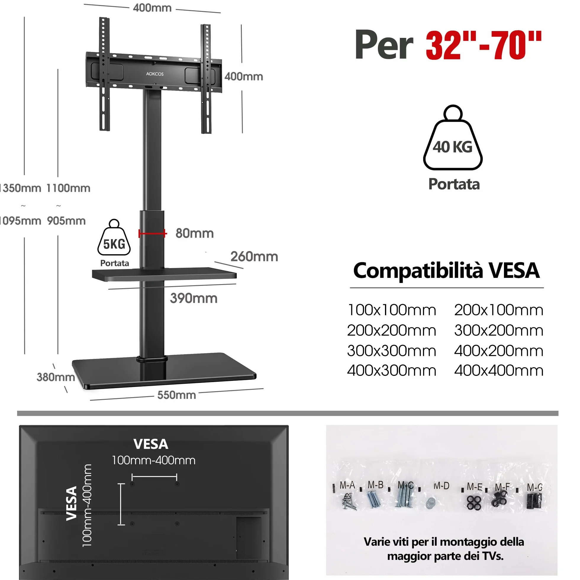 AOKCOS Supporto TV da Pavimento Inclinabile per 32-55-70 Pollici, Girevole & Altezza Regolabile, VESA 400x400mm 40kg