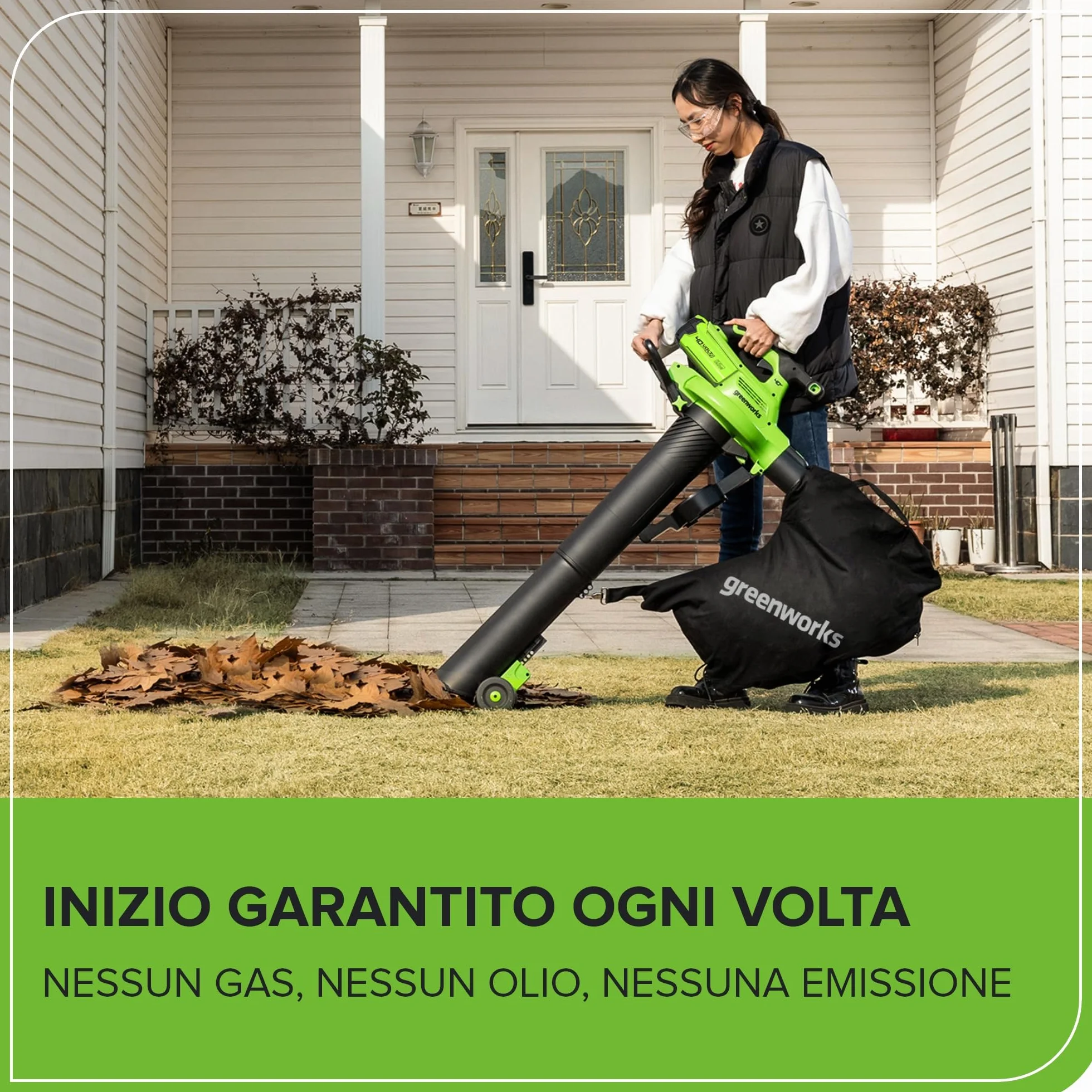 Greenworks 40V Aspiratore Soffiatore a Batteria per Foglie, Motore Brushless, 370km/h, 14.17 m³/min, Sacco di Raccolta da 45L, Due Batterie 2Ah e Caricabatterie, Garanzia 3 Anni GD40BVIIK2X