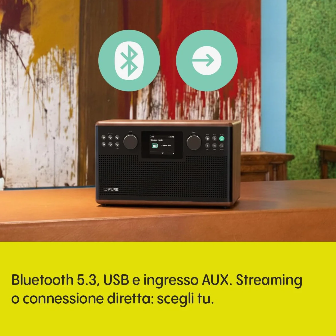 Pure Classic H6 Radio Estéreo Digital con DAB+, FM, Bluetooth 5.3, Pantalla TFT 2,4", 2×15 W, Marrón Café/Nogal