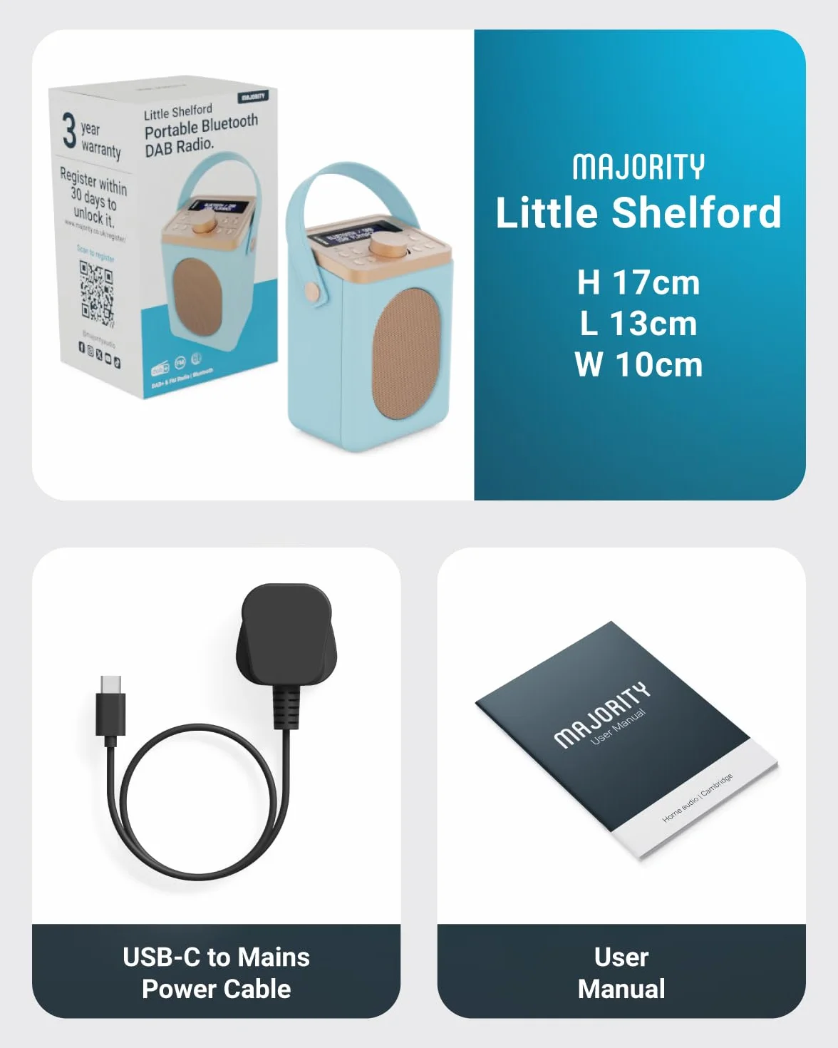 Majority Little Shelford Radio DAB+ DAB FM Bluetooth Portatile Alimentata a Batteria Doppio Allarme Blu