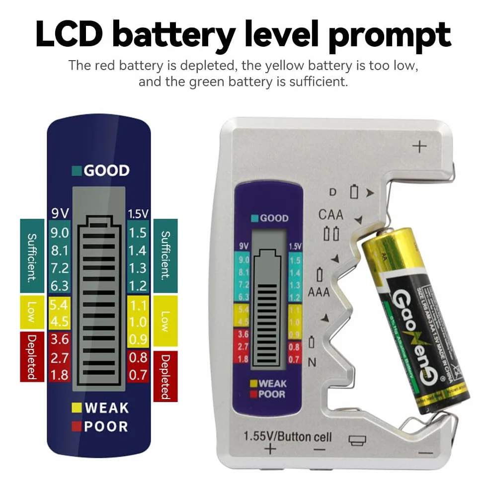 Tester Batterie Digitale con Display LCD per 1,5V AA AAA C D N Bottone 9V 6F22