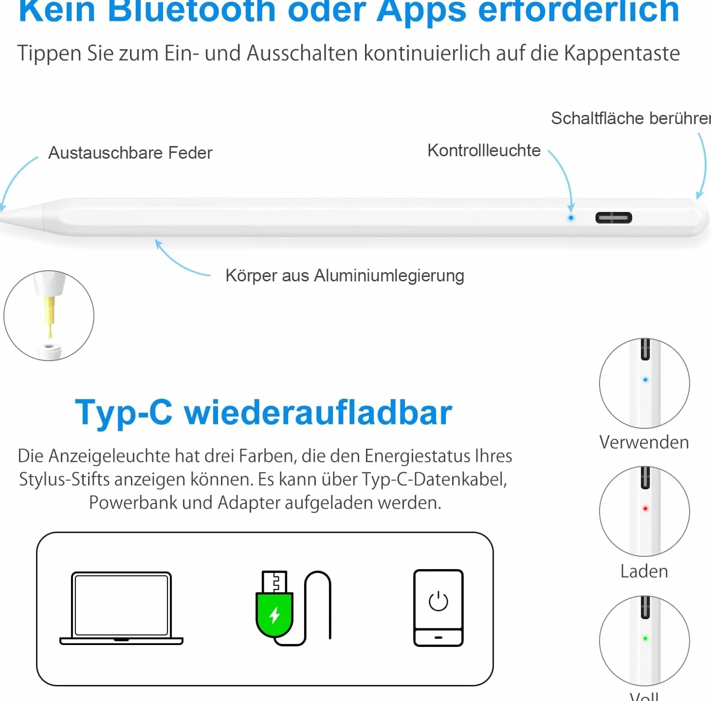 Penna Touch per iPad, Stylus Pencil Compatibile iPad 10/9/8/7/6 2018-2022, Mini 6/5, Air 4/3, Pro 11''/12.9'', 4 Punte di Sostituzione